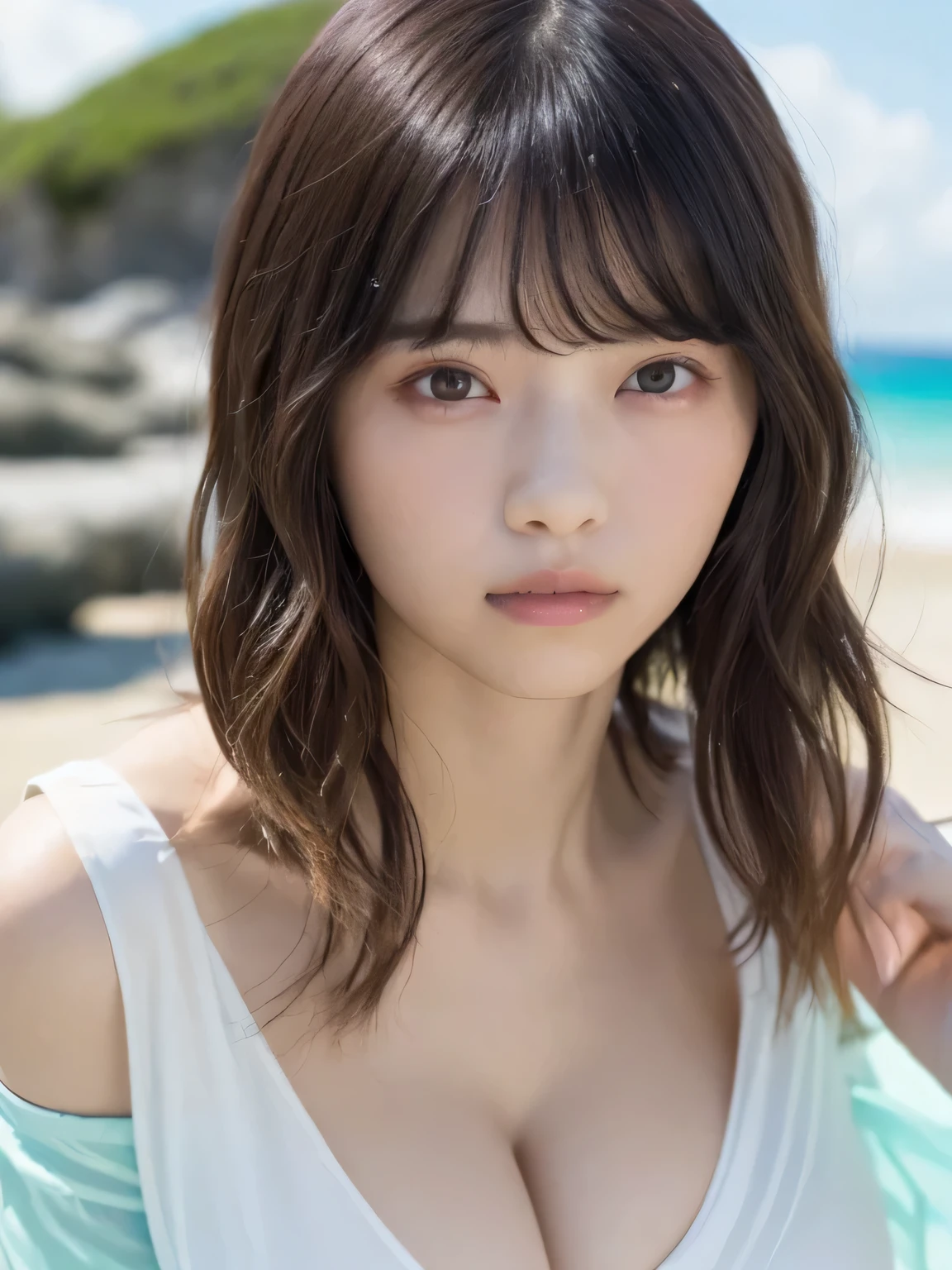 Masterpiece 、 top quality, super high resolution、8k, unvolume on 、 1 girl, ( Big Breasts :1.3), deep cleavage、 bright , blurry background, ( asymmetrical bang 、Super Long Wavy Hair :1.5), (A loose open-necked blouse)、Round face、Young Face、Natural Cosmetics 、 sad、Summer sky、Summer Sea、Summer beach