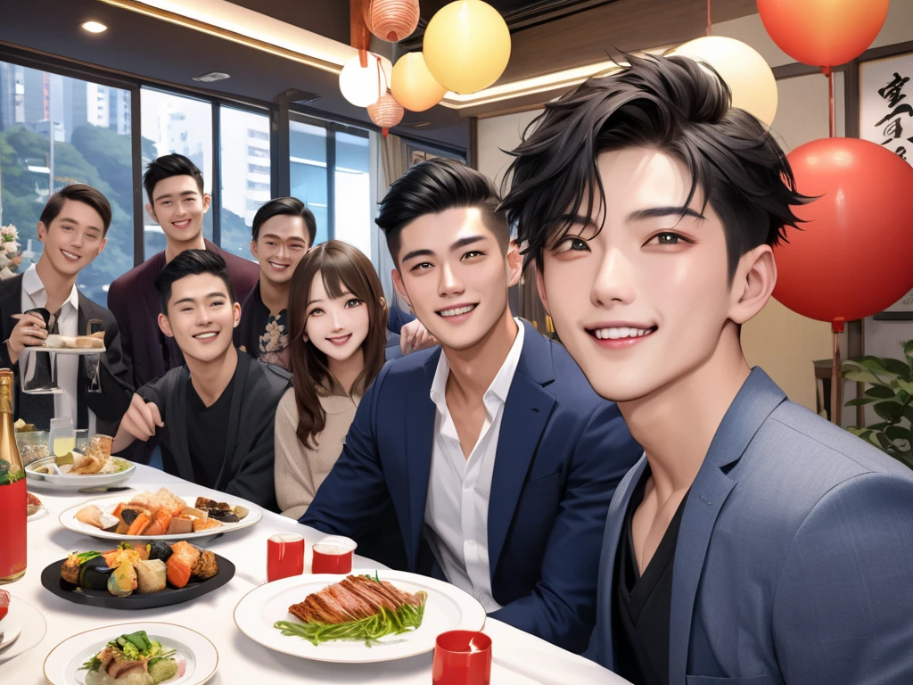 Several men, cheerful laughing, resturant, Smartphones