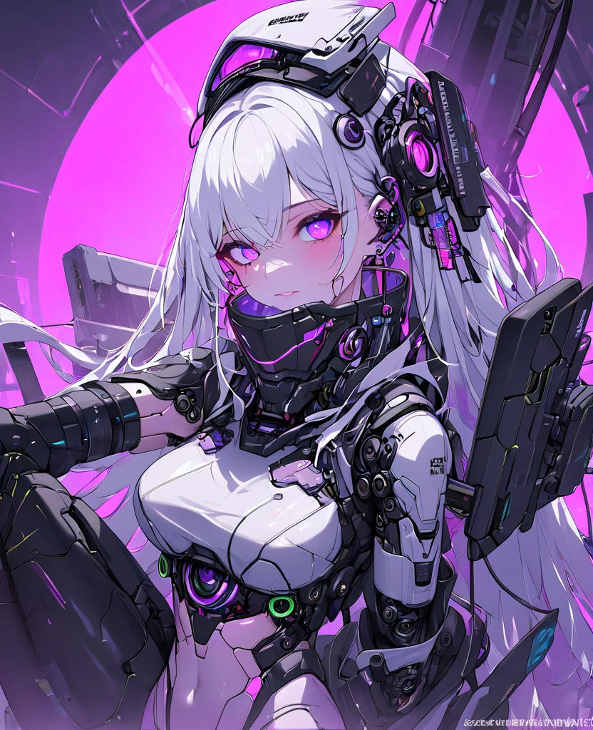 1 Girl, Solo, futuristic cyborg android, Colorful, purple Eyes, Cyberpunk, Mechanical Scrap Zone, Cityscape, Earrings, Long Messy White Hair, Mechanical Hat, Mechanical Body, Robotic Arm, Mecha, Robot girl, Mechanical Maiden, Neon Lights, Beautiful Lights, Character Focus, CG Illustration, 8k Resolution, Very Detailed, Anatomically Correct, Digital Painting, Concept Art, Clear Picture. Monochrome. Purple lights. Black lights.), Futanari, cock, condom, bath, penthouse.