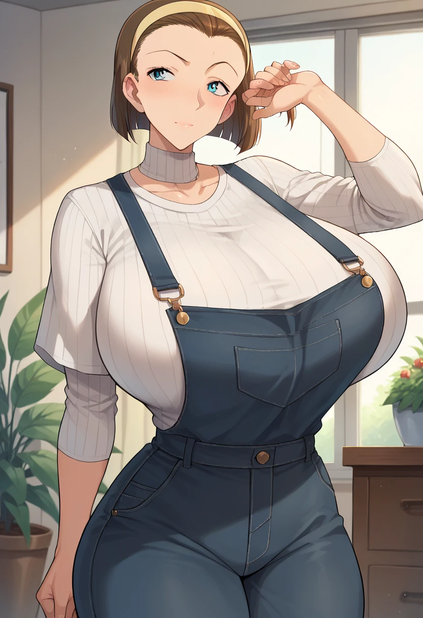 Hyper realistic, Suzuki Sonoko, short hair, brown hair, hairband, Blue eyes, mature female, perfect face, perfect lighting, sexy female, ,huge breasts,High neck long sleeve white ribbed knit T-shirt(loose)、フォーマル black overalls skirt