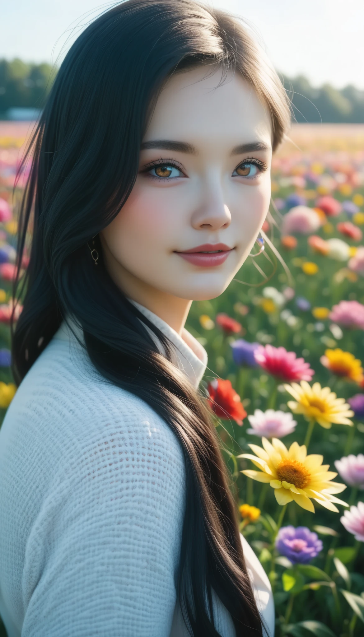 (masterpiece:1.2、 top quality)、Japanese、 intricate details、 one girl、albino、light brown eyes、(((beautiful long black hair、 straight silky hair )))、 twilight look 、 long grey poncho、((( outdoor、Flower Field、 colorful flowers々)))、 natural light、Dim lighting