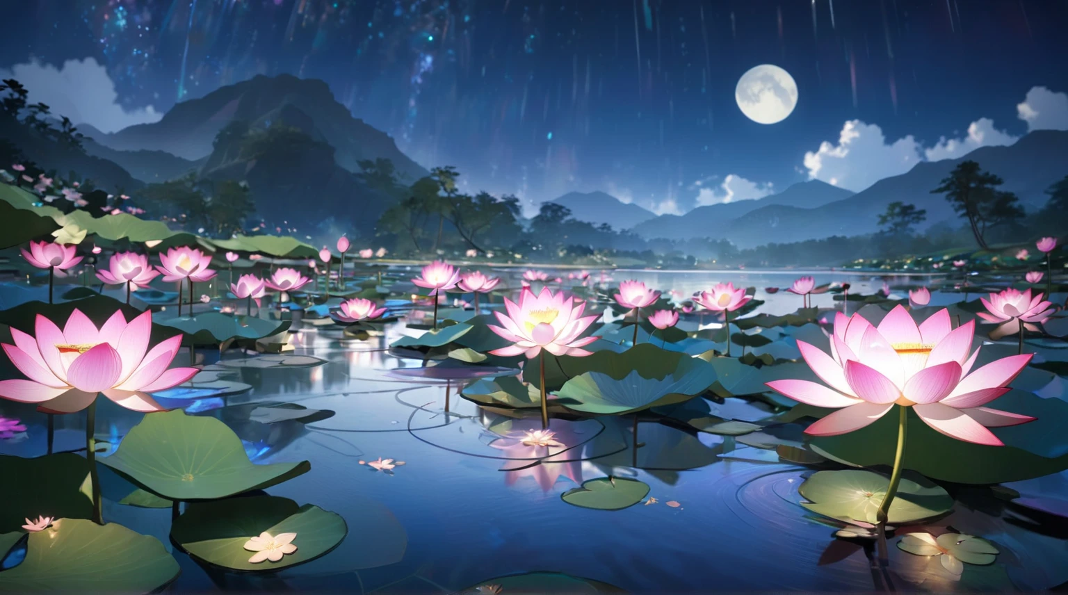 3D Spatial,Lotus flowers are blooming all over , Countless water lily flowers , Each petal is formed with a beautiful contrast,Light Crimson , pink, White Gradient ,The waterside where water lilies are in full bloom,There is a gentle untouched mountain in the back々,Time is night,Deep Night, beautifully illuminated by moonlight,star々A twinkling ,Portrait depiction , Magical Atmosphere , Textures Exquisitely Crafted ,  Details,  Ultra Precision Art,