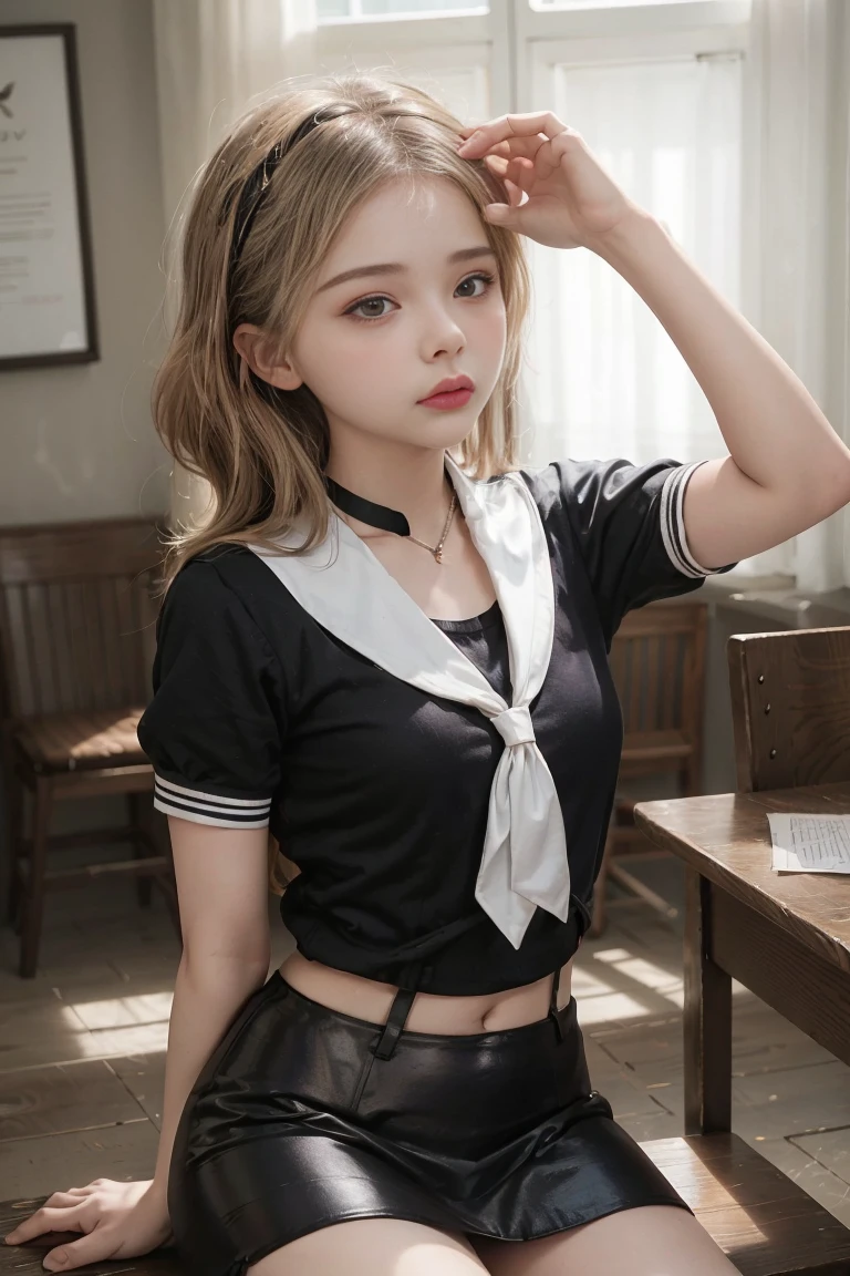 POV, Chloe Grace Moretz, School girl, white and black uniform, white and black skirt, black lace choker, looking at viewer, class room background, sitting on desk, seductive, blushing, tounge out, expression, legs spread, hands betw legs,