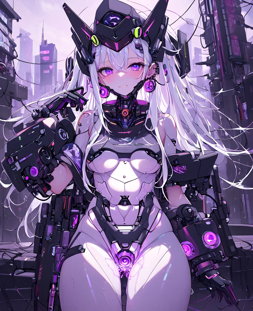 1 Girl, Solo, futuristic cyborg android, Colorful, purple Eyes, Cyberpunk, Mechanical Scrap Zone, Cityscape, Earrings, Long Messy White Hair, Mechanical Hat, Mechanical Body, Robotic Arm, Mecha, Robot girl, Mechanical Maiden, Neon Lights, Beautiful Lights, Character Focus, CG Illustration, 8k Resolution, Very Detailed, Anatomically Correct, Digital Painting, Concept Art, Clear Picture. Monochrome. Purple lights. Black lights.), Futanari, cock, condom, bath, penthouse.