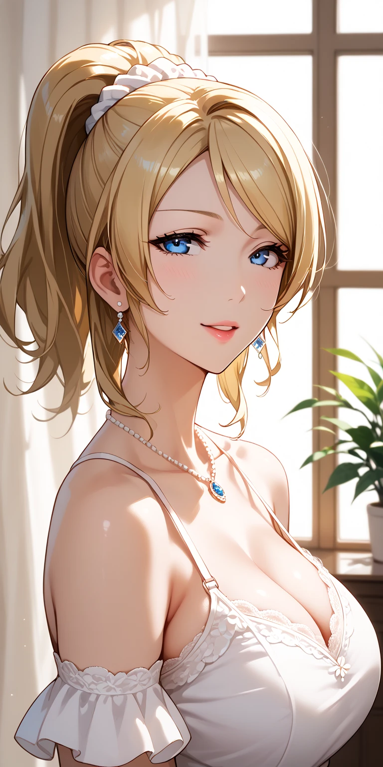 Score_9, Score_8_up, Score_7_up, Source_anime, anime art, anime style, very aesthetic, masterpiece, high quality, 1girl, seductive mature woman, milf, curvaceous, lovelive_eli, blonde hair, swept bangs, ponytail, white scrunchie, blue eyes, white blouse, beautiful background 