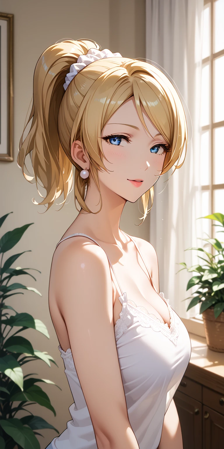 Score_9, Score_8_up, Score_7_up, Source_anime, anime art, anime style, very aesthetic, masterpiece, high quality, 1girl, seductive mature woman, milf, curvaceous, lovelive_eli, blonde hair, swept bangs, ponytail, white scrunchie, blue eyes, camisole