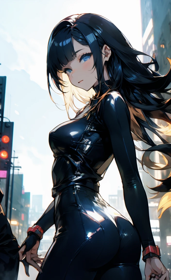 beautiful, alone, 1 chubby woman, long hair tied in a ponytail, black hair, blue highlights at the ends of her hair, silver eyes (detailed eyes), determined look, embarrassed expression, red lips (perfect lips), wide hips, potato thick leg, black leather jumpsuit, peased skirt, long fur cape, futuristic, cyberpunk, cinematic angle, cinematic lighting, artwork, best quality, nsfw, crotch rubbing