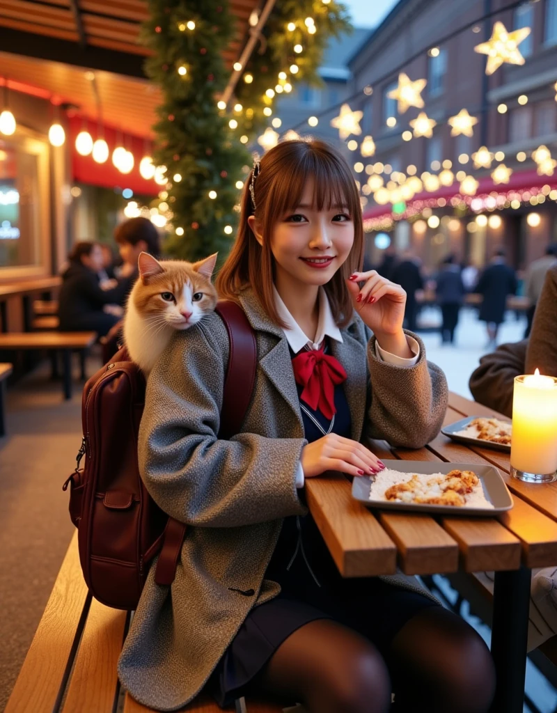 ultra-realistic, photorealistic, dramatic scene, shadow, global-illumination, solo, (teenage Japanese famous idol girl), very beautiful fragile Japanese girl, very beautiful with very cute but boyish cool face, (very large breasts), slim waist, (wearing a gray colored Japanese high school cute uniform of white shirt with blazer and skirt), (red ribbon), (stylish winter coat), ((checked dark red woolen scarf)), (She is wearing dark navy tights), (very large breasts), (The cat is hiding in her backpack), (A giant fat cat peeks out of her backpack), (She is enjoying a light meal of a hamburger set at an outdoor cafe adjacent to the skating rink in the red brick warehouse district:1.3), sitting at the antique wooden seat, the warehouses are festively decorated with Christmas illuminations, she looks so happy, happy smile, (there are festively decorated Christmas trees), many people are ice skating at the skating rink, professional lighting, warm lighting at the cafe, candles on the table