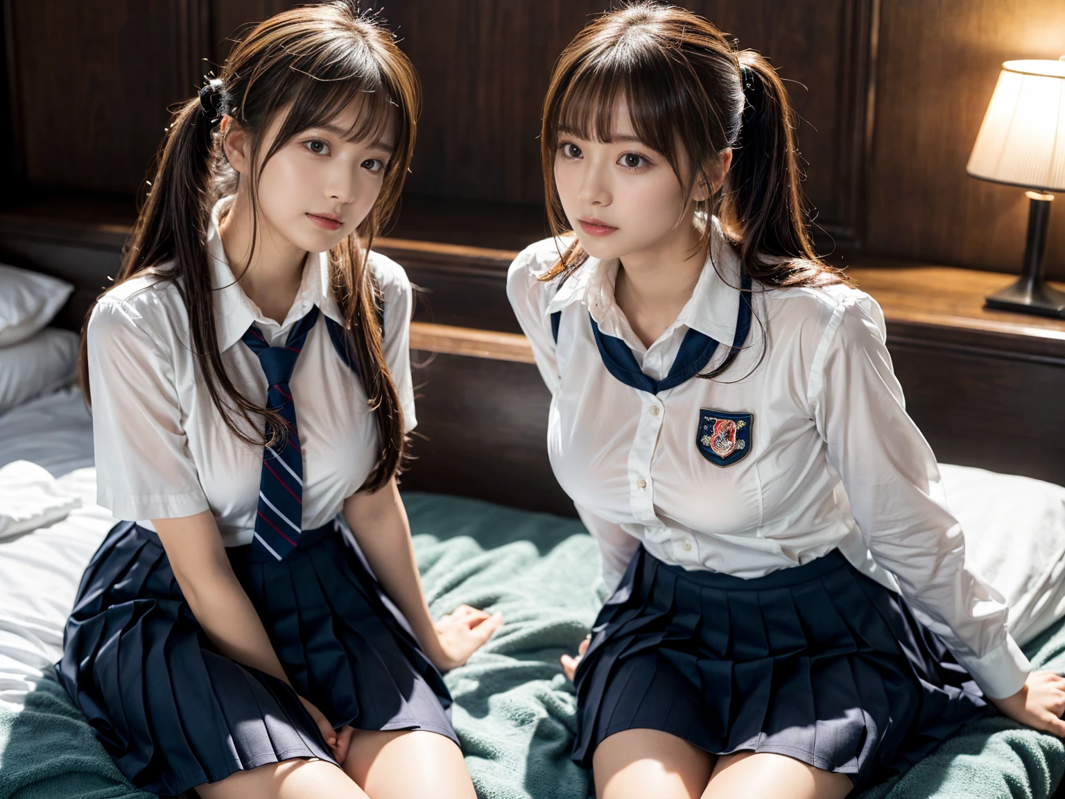 (RAW photo, 4k, masterpiece, high resolution, extremely complex) (realistic: 1.4), cinematic lighting
((2 girls, 2 schoolgirls)),Slam Dunk's,blushing,((innocent)),bright eyes,round eyes,blunt bangs,(straight hair:1.3),black hair,large breasts,wide hips,Summer Noon, ,Hot, (Best Quality), (Highres), (an Extremely Delicate and Beautiful),(Beautiful 8k face),(Brown eyes),short bob hair,( spectators),(gigantic breasts),(Play with each other,Touching each other's bodies,Touching the body),(Japanese high school uniform:1.3),blue skirt,(reality),bright lighting,(The background is a luxury hotel room)