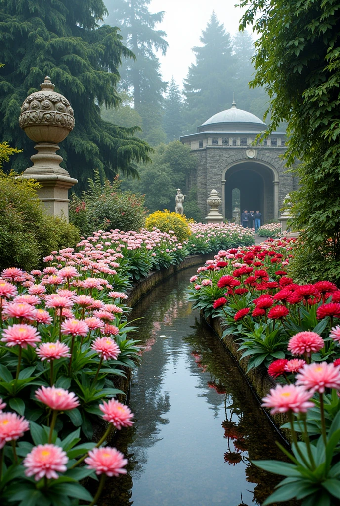 A photo of the famous sunken garden in Butchart Garden on Victoria Island. The sunken garden is filled with vibrant flowers in various shades of pink, red, and white. There are also greenery plants and flowers in blue and yellow hues. The background has a variety of sculptures and a building. The overall ambiance is peaceful and serene.