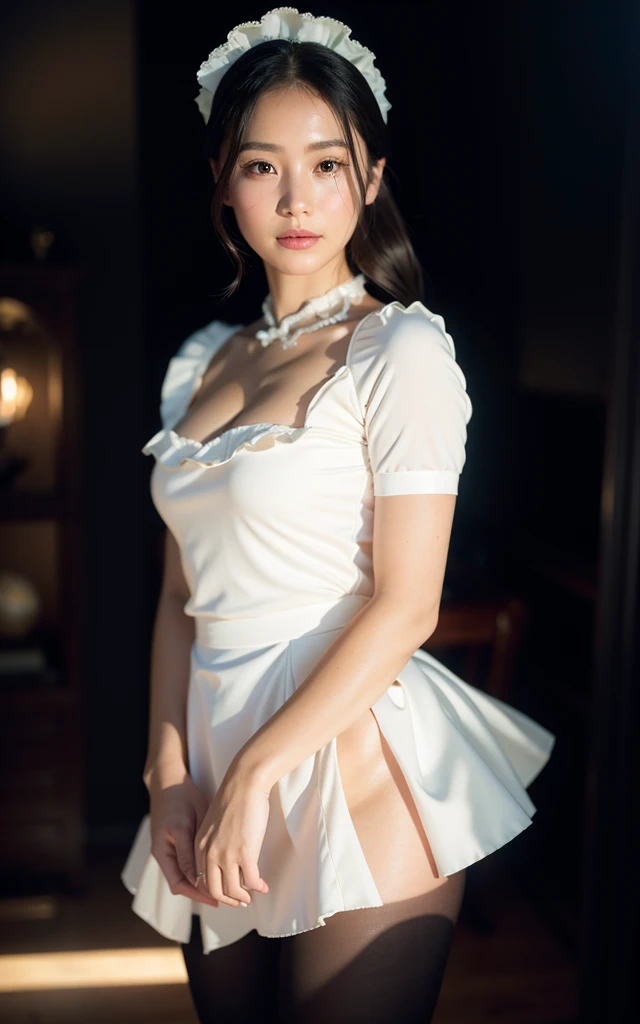 (black and white maid costume:1.5),(happy smile),(8k, RAW photo, best quality, masterpiece:1.2), (realistic, photo-realistic:1.4), (extremely detailed 8k wallpaper), detailed face,a stunningly beautiful young woman, perfect symmetrical face, smooth flawless skin, striking almond-shaped eyes, long eyelashes, slightly arched eyebrows, delicate nose, full and glossy lips, soft natural blush, luminous and radiant complexion, photorealistic details, cinematic lighting, highly detailed, ultra high-definition, sharp focus, intricate textures, glowing, ethereal beauty, harmonious proportions, captivating expression, gentle smile, subtle makeup, 8k resolution,35mm lens,f/2.0, **-****-*** Japanese girl, youthful face, smooth skin, fine pores, delicate features, almond-shaped eyes, long eyelashes, soft pink lips, natural eyebrows, subtle blush, hydrated glow, warm undertones, fine peach fuzz, natural hairline, soft lighting, realistic shadows, translucent complexion, micro-details, gentle expression, photorealistic depth, lifelike reflections, artistic precision, natural imperfections, captivating gaze,(elegant lingerie, intricate lace patterns, delicate embroidery, vibrant jewel tones, luxurious silk textures),elegant woman, delicate features, porcelain skin, flowing hair, intricate jewelry, soft ambient lighting,elongated face, high cheekbones, almond-shaped eyes, silky hair, intricate patterns, soft diffused lightingrealistic skin texture, fine pores, natural complexion, subtle wrinkles, expressive eyes, smooth lips, silky hair strands, delicate lighting, warm tones, detailed shadows, lifelike reflections, intricate details, gentle blush, natural imperfections
