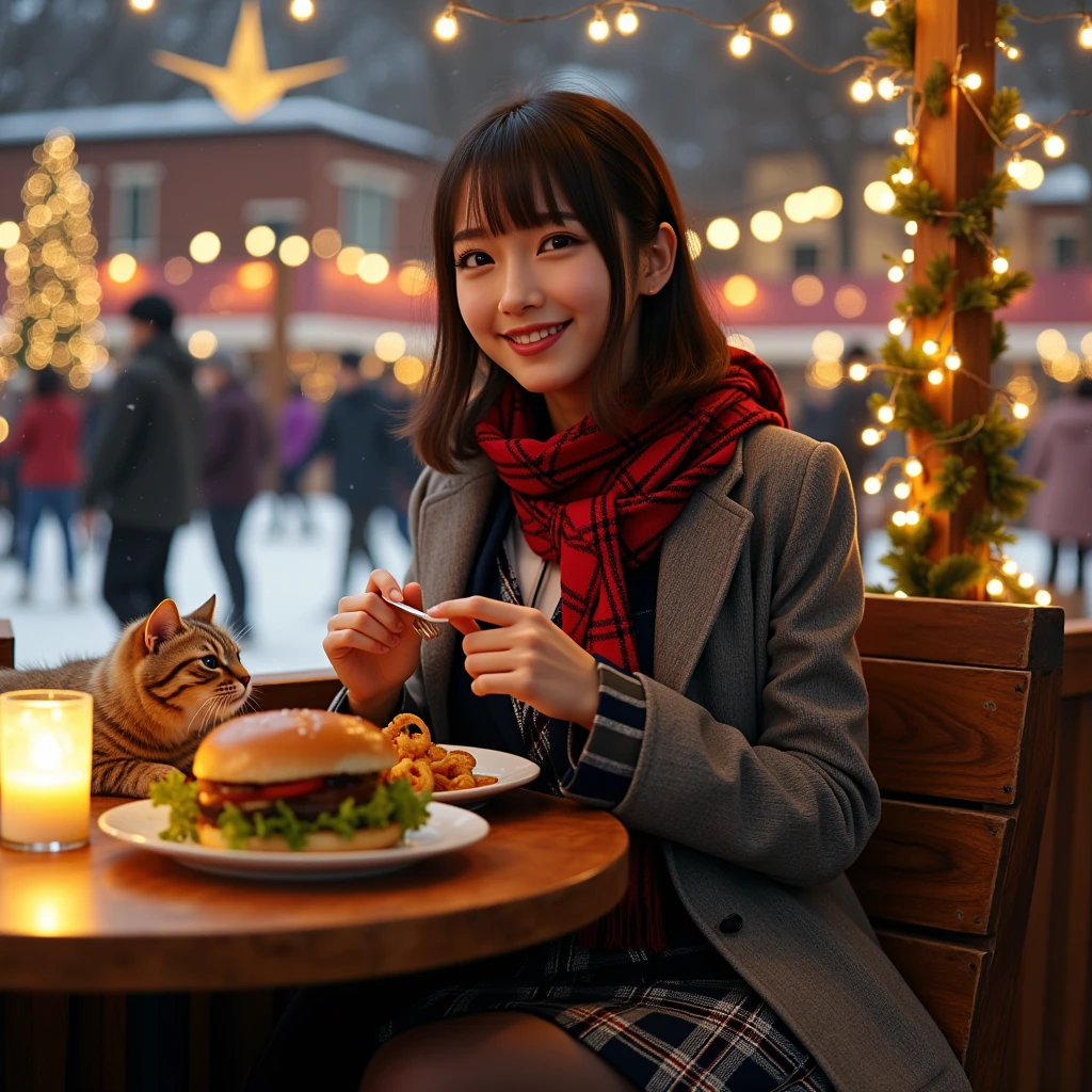 ultra-realistic, photorealistic, dramatic scene, shadow, global-illumination, solo, (teenage Japanese famous idol girl), very beautiful fragile Japanese girl, very beautiful with very cute but boyish cool face, (very large breasts), slim waist, (wearing a gray colored Japanese high school cute uniform of white shirt with blazer and skirt), (red ribbon), (stylish winter coat), ((checked dark red woolen scarf)), (She is wearing dark navy tights), (very large breasts), her giant fat cat is mewing on the table, (She is enjoying a light meal of a hamburger set at an outdoor cafe adjacent to the skating rink in the red brick warehouse district:1.3), sitting at the antique wooden seat, the warehouses are festively decorated with Christmas illuminations, she looks so happy, happy smile, (there are festively decorated Christmas trees), many people are ice skating at the skating rink, professional lighting, warm lighting at the cafe, candles on the table, 