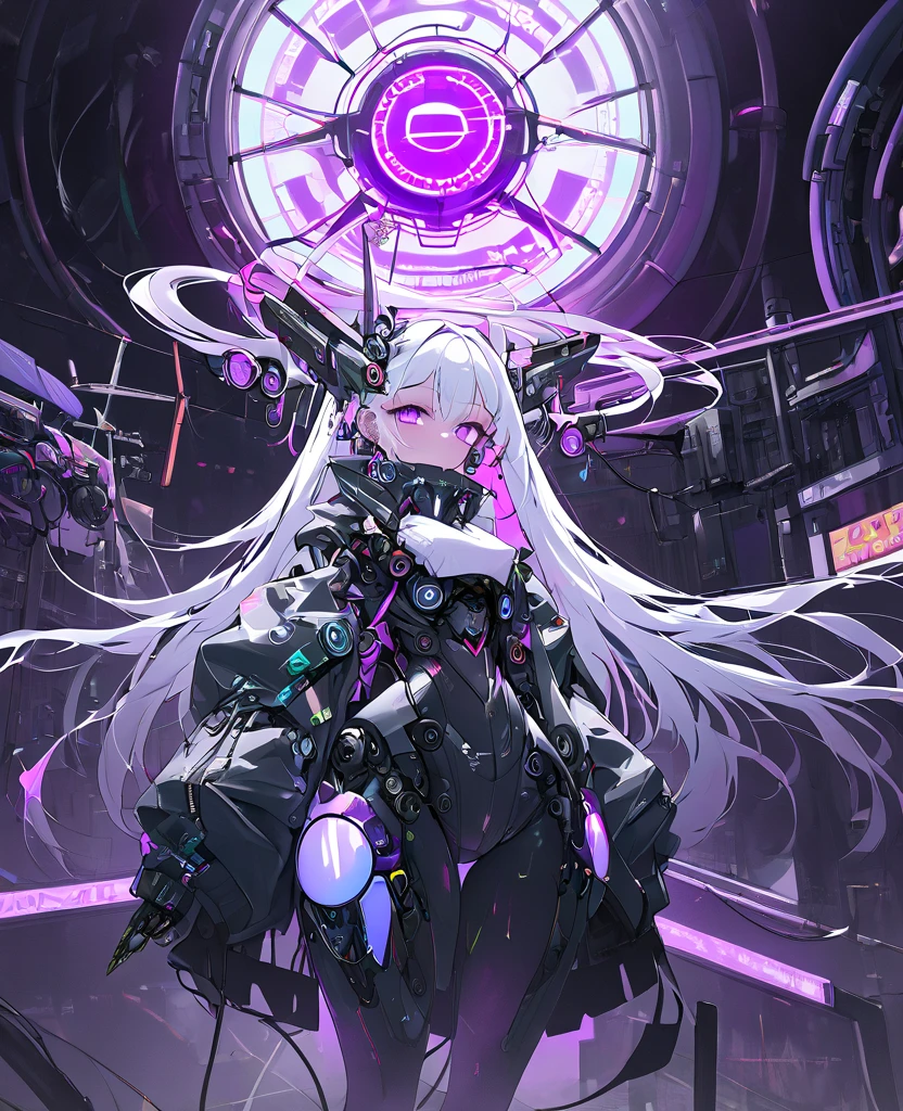 1 Girl, Solo, futuristic cyborg android, Colorful, purple Eyes, Cyberpunk, Mechanical Scrap Zone, Cityscape, Earrings, Long Messy White Hair, Mechanical Hat, Mechanical Body, Robotic Arm, Mecha, Robot girl, Mechanical Maiden, Neon Lights, Beautiful Lights, Character Focus, CG Illustration, 8k Resolution, Very Detailed, Anatomically Correct, Digital Painting, Concept Art, Clear Picture. Monochrome. Purple lights. Black lights.), Futanari, cock, condom, bath, penthouse.