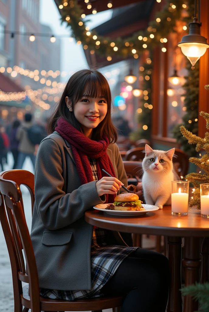 ultra-realistic, photorealistic, dramatic scene, shadow, global-illumination, solo, (teenage Japanese famous idol girl), very beautiful fragile Japanese girl, very beautiful with very cute but boyish cool face, (very large breasts), slim waist, (wearing a gray colored Japanese high school cute uniform of white shirt with blazer and skirt), (red ribbon), (stylish winter coat), ((checked dark red woolen scarf)), (She is wearing dark navy tights), (very large breasts), her giant fat cat is mewing on the table, (She is enjoying a light meal of a hamburger set at an outdoor cafe adjacent to the skating rink in the red brick warehouse district:1.3), sitting at the antique wooden seat, the warehouses are festively decorated with Christmas illuminations, she looks so happy, happy smile, (there are festively decorated Christmas trees), many people are ice skating at the skating rink, professional lighting, warm lighting at the cafe, candles on the table, 