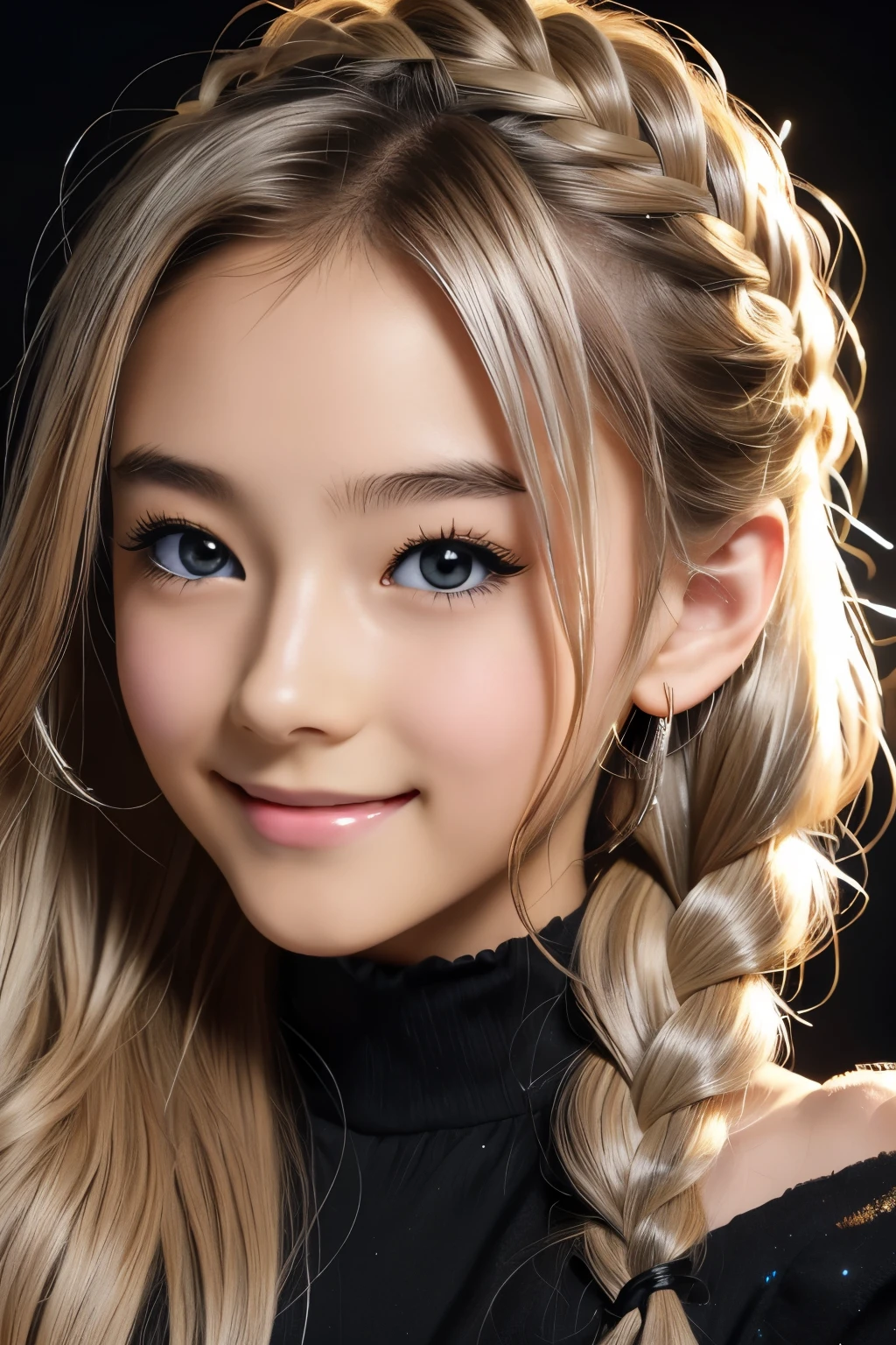 Anime, Face, Braided curly blonde hair, Black eyes, Long hair, brack&Silver off-the-shoulder、Black background, facial close-up、masterpiece、top-quality、ultra-definition、hight resolution、With smiling eyes、facial close-up,