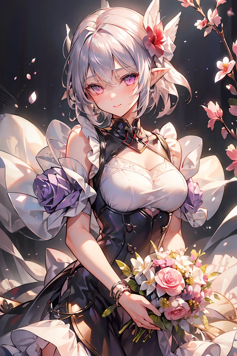  Silver Hair,  short hair,  hair bow,  bright students , Sparkle, masterpiece, textured skin,  super detailed,   high detail , 最 High Quality ,  High Quality ,  high definition ,  beautiful woman,  Choker,  Sleeveless Tee,  shorts, Surrounded by flowers, background (Rose, hibiscus, Yuri, Adiantum , Violet),  casual clothes,  Bracelets , With a bouquet in hand,  Hug a Bouquet ,  smiles, happiness/joy, Grin,  Bright Eyes , Red ears, 