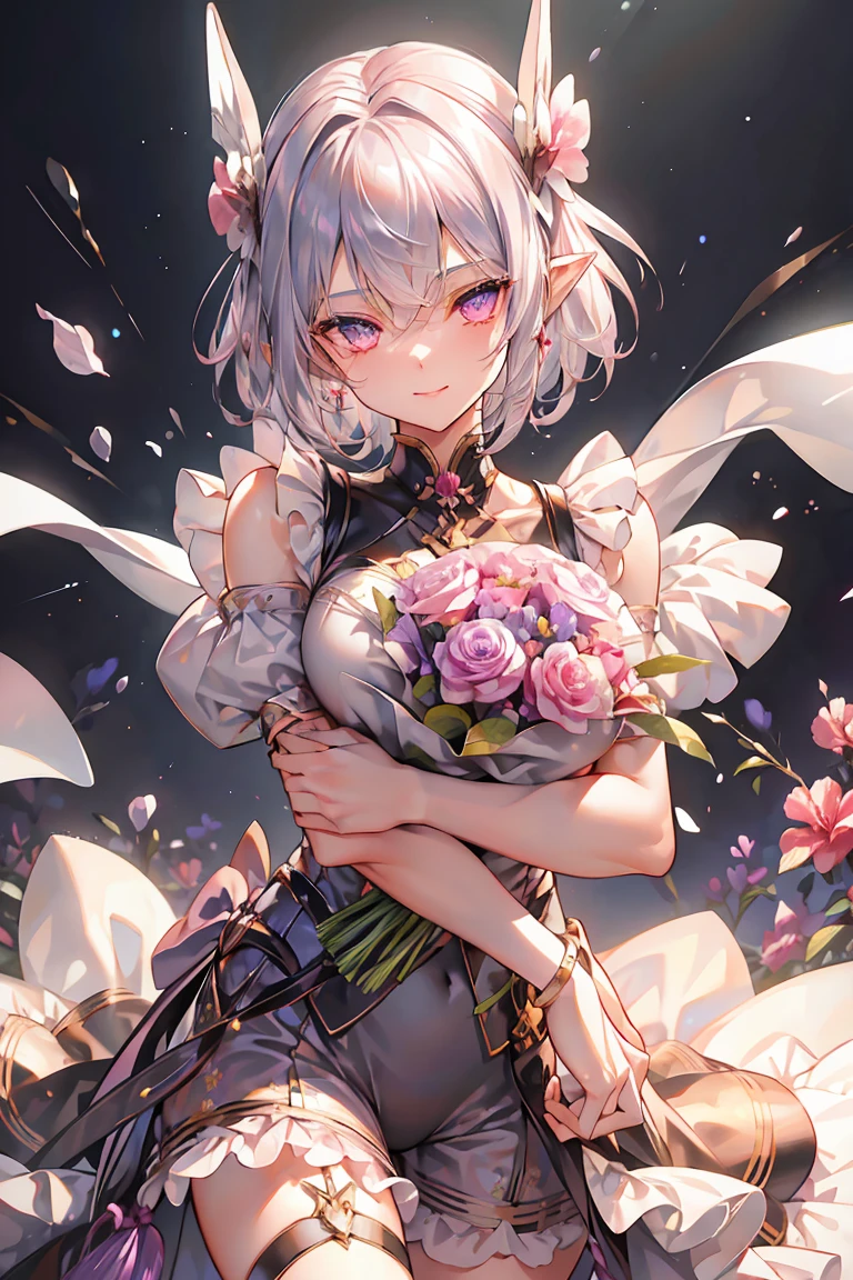  Silver Hair,  short hair,  hair bow,  bright students , Sparkle, masterpiece, textured skin,  super detailed,   high detail , 最 High Quality ,  High Quality ,  high definition ,  beautiful woman,  Choker,  Sleeveless Tee,  shorts, Surrounded by flowers, background (Rose, hibiscus, Yuri, Adiantum , Violet),  casual clothes,  Bracelets , With a bouquet in hand,  Hug a Bouquet ,  smiles, happiness/joy, Grin,  Bright Eyes , Red ears, 