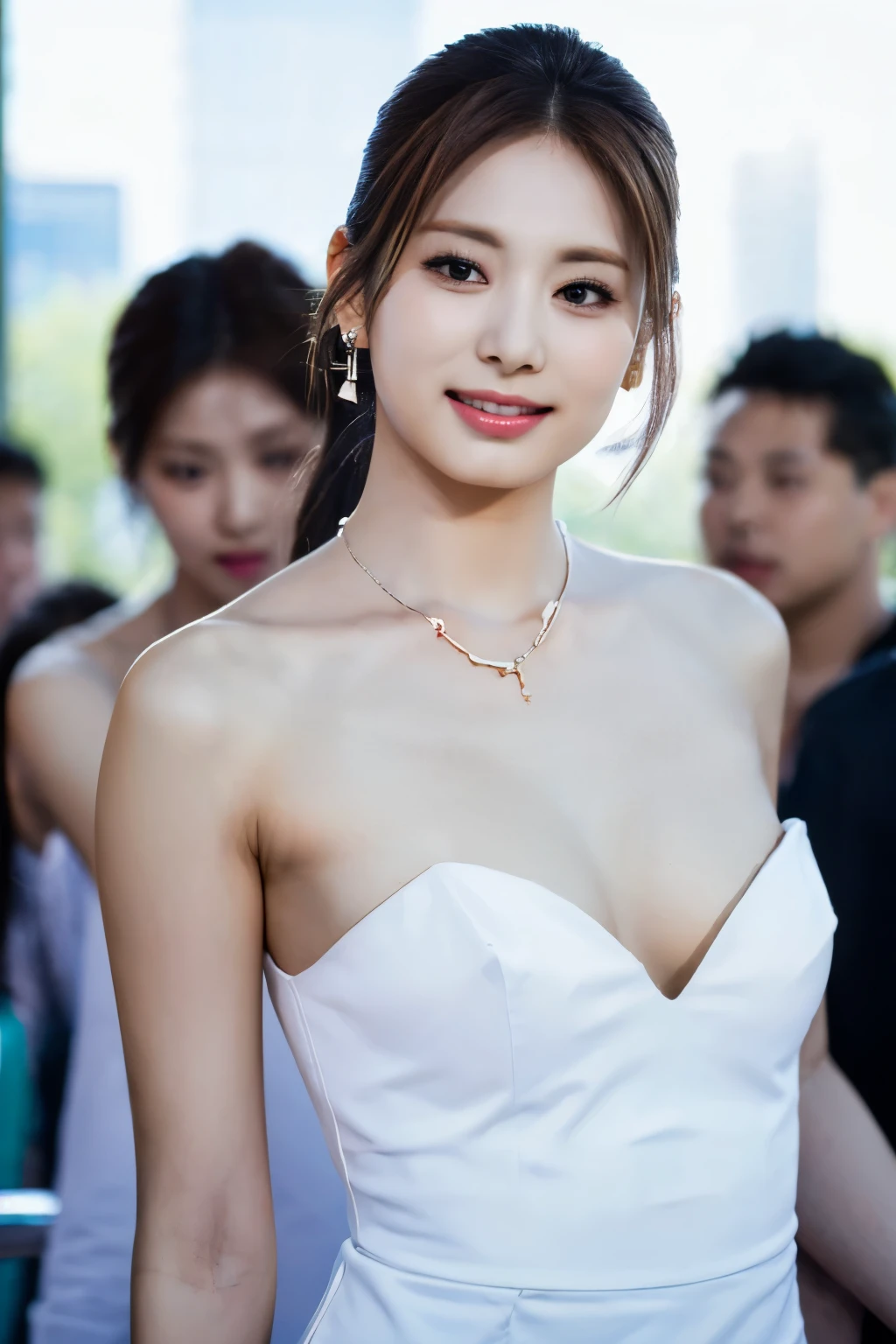  high-resolution photo of an Asian woman in Taipei , (masterpiece,  top quality), ( realistic , photo- realistic :1.4),  RAW photos , 8k,  intricate details,  very detailed ,  sharp concentration,  Cinematic Writing,  Portraits, Alone,  1 girl in uniform, Tzuyu,  Erotic Photo Poses ,  sensual poses, ( facial focus,  standing,  lean forward :1.4), (Handy ,   tiny breasted  :1.2),  high heels, slender, Tall body, ( brown hair ,  ponytail hair, Hair Scratchy),  detailed face ,  detail eyes, A sophisticated nose,  big smile,  pale skin,  fine skin,  earrings,  Necklaces , gem, Photo Background,  outdoor, Grand Park, holiday, Blue sky and clouds, ((Crowd in the background))