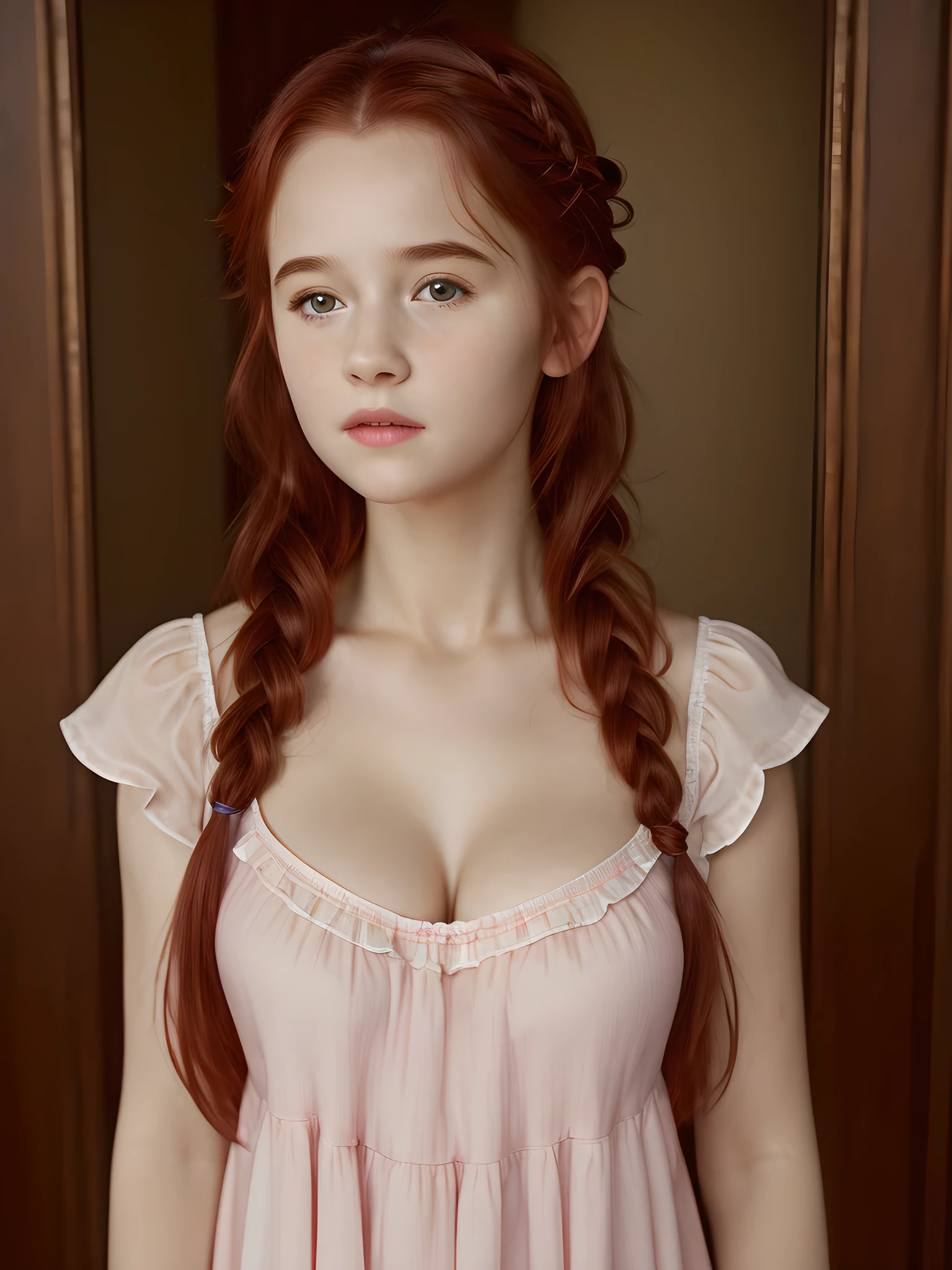 (best quality,4k,8k,highres,masterpiece:1.2),ultra-detailed,(realistic,photorealistic,photo-realistic:1.37), ((girl wearing nightgown, solo, shy)), ((very large bust size for her young age)), braided red hair, pale skin