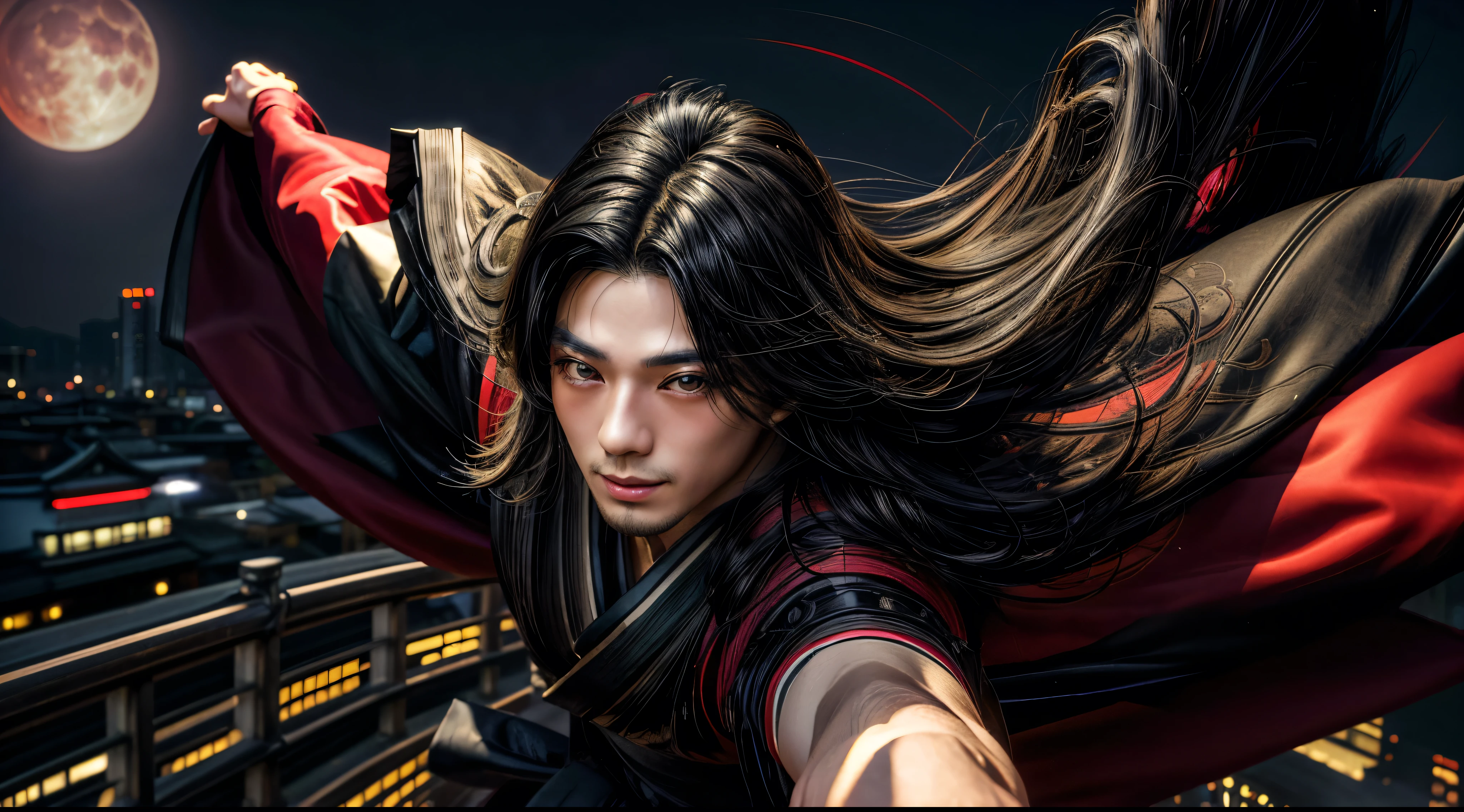 masterpiece, best quality, extremely detailed, hyperrealistic, photorealistic, a japanese 20s man, heavyset, ultra detailed face:1.2, double eyelid, very long hair, black hair, black kimono, smiling, dancing, strenuous movements, from above, dynamic angle, japanese style cityscape, moonlit night, red moon