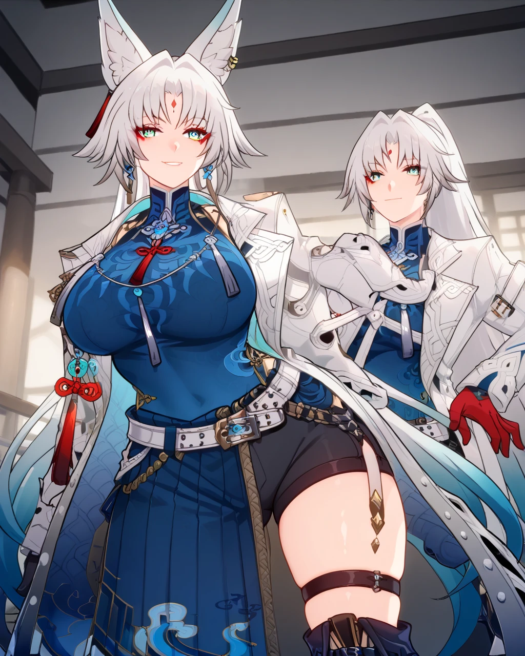 score_9, score_8_up, score_7_up, SH_HSR_Feixiao, Feixiao, 1girl, looking at viewer, red eyeliner, makeup, forehead mark, white hair, very long hair, gradient hair, blue hair tips, ponytail, aquamarine eyes, animal ears, white coat, open coat, long sleeves, belt, open clothes, huge breasts, dress, bangs, knee boots, thigh strap, parted bangs, black footwear, tassel, blue dress, tassel earrings, blue shirt, gloves, red fingers, chinese clothes, dojo, provocatively lewd pose, curvy body, wide hips, romance, expressive, firm butt, fit girl, sexual girl, seductive, perky , smirking, lewd pose, action angle, beautiful aesthetic, perspective, (nsfw:1.1), expressiveH, fighting pose with a dual swords,((velocIty)),Yellow smoke,Attacked by farts, ((girl stand)),velocIty,(Yellow smoke Is rIsIng) gIrl smells a fart and smIled frowned)),((fart whIle traInIng)),((blushIng)),(masterpIece:1.2、top-qualIty)