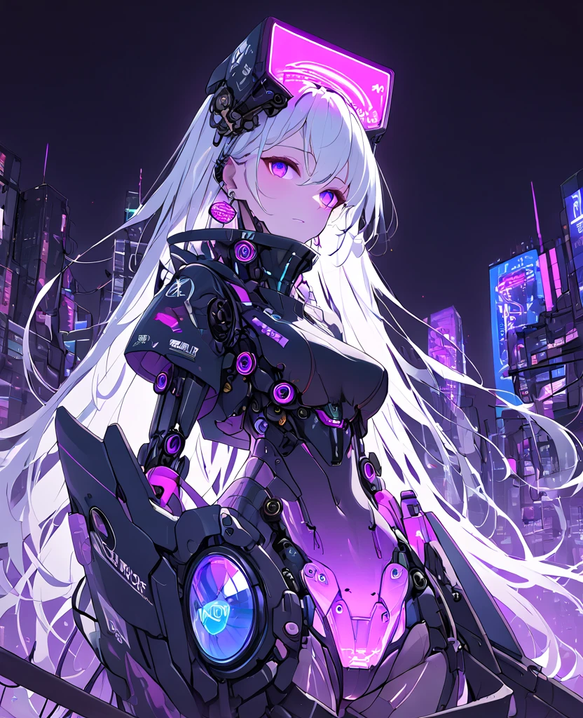 1 Girl, Solo, futuristic cyborg android, Colorful, purple Eyes, Cyberpunk, Mechanical Scrap Zone, Cityscape, Earrings, Long Messy White Hair, Mechanical Hat, Mechanical Body, Robotic Arm, Mecha, Robot girl, Mechanical Maiden, Neon Lights, Beautiful Lights, Character Focus, CG Illustration, 8k Resolution, Very Detailed, Anatomically Correct, Digital Painting, Concept Art, Clear Picture. Monochrome. Purple lights. Black lights.), Futanari, cock, condom, bath, penthouse.