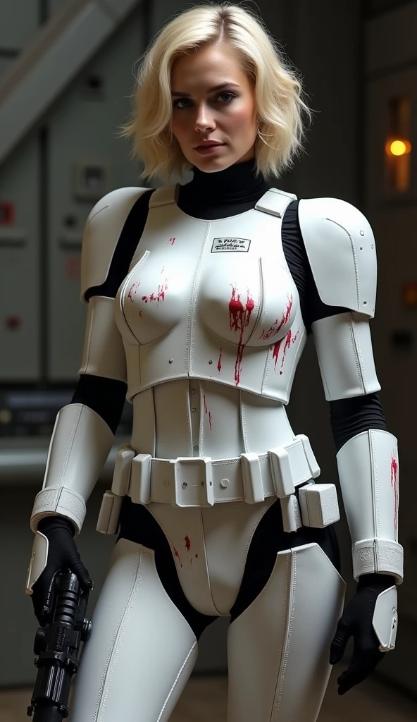 Jennifer Lawrence in special force suit, natural breast, high resolution, realistic art, fighting zombies, 1 mature female, 1 milf, solo, in white colored facility, blood splatter.