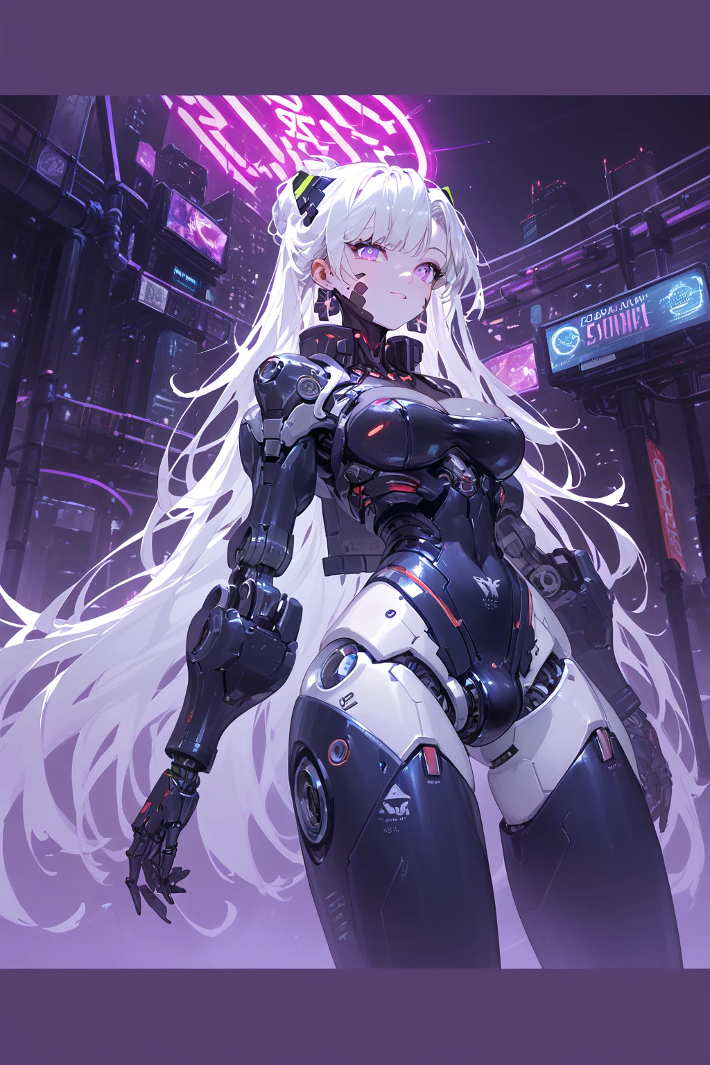 1 Girl, Solo, Colorful, purple Eyes, Cyberpunk, Mechanical Scrap Zone, Cityscape, Earrings, Long Messy White Hair, Mechanical Hat, Mechanical Body, Robotic Arm, Mecha, Robot, Mechanical Maiden, Neon Lights, Beautiful Lights, Character Focus, CG Illustration, 8k Resolution, Very Detailed, Anatomically Correct, Digital Painting, Concept Art, Clear Picture. Monochrome. Purple lights. Black lights. (cleavage), (Teasing), (pressing breasts), Futanari, cock, condom, bath, penthouse.