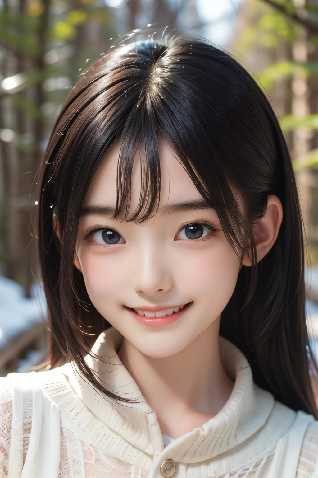 (ultra Realistic) , (illustration), (Enhance resolution), (8k), ( Extremely Detailed), ( detailed face ), Black Straight Hair, Slim Body, in the dark , deep shadow, low profile, pureerosfaceace_v1, Happy smile, Winter, forest
