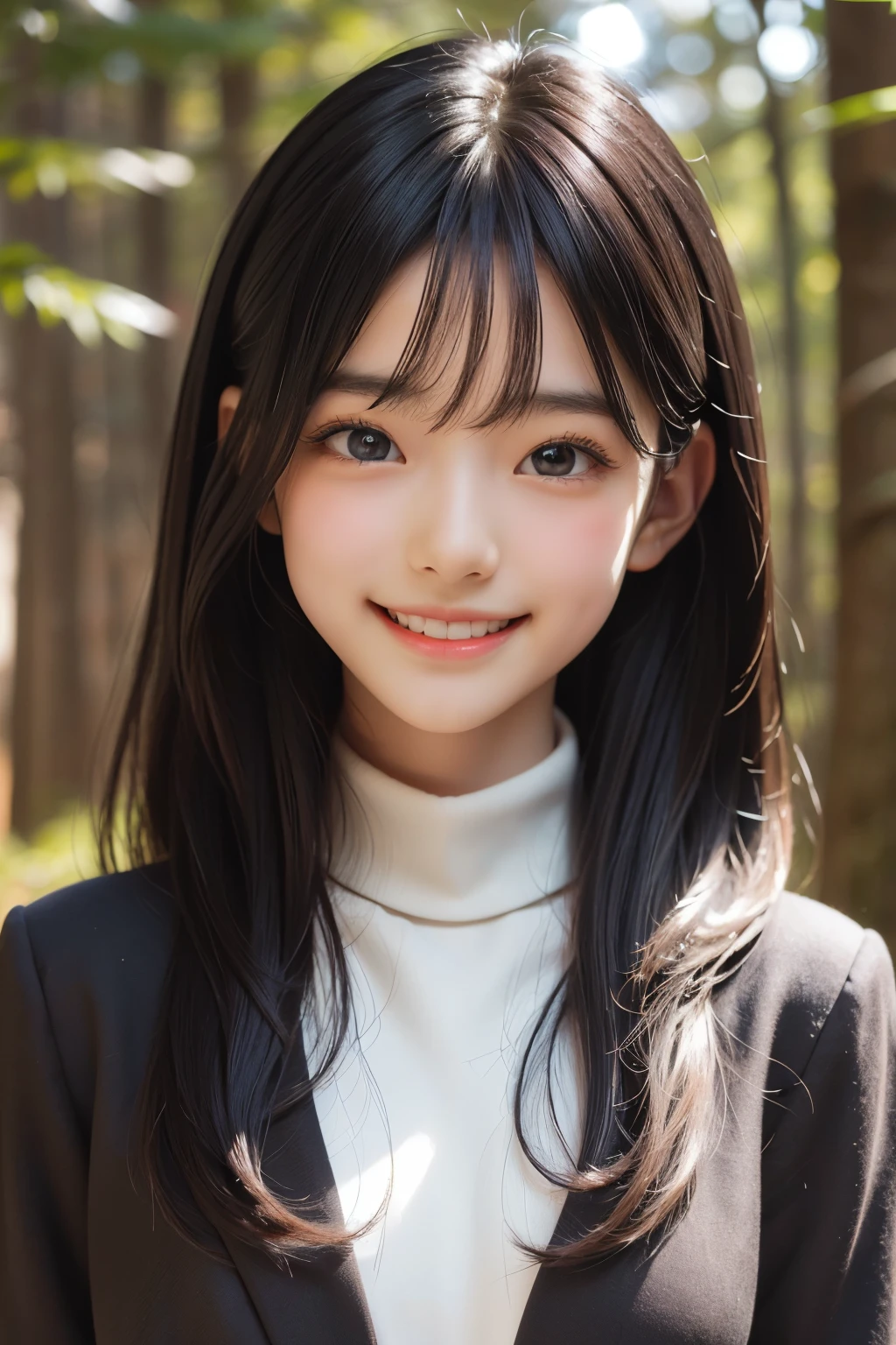 (ultra Realistic) , (illustration), (Enhance resolution), (8k), ( Extremely Detailed), ( detailed face ), Black Straight Hair, Slim Body, in the dark , deep shadow, low profile, pureerosfaceace_v1, Happy smile, Winter, forest