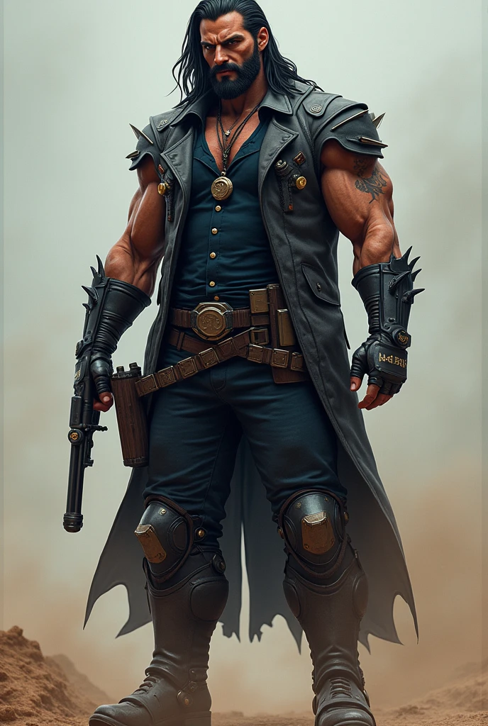A pale-skinned vampire with the head of a werewolf and the body of a human, with chains around his neck and a ripped white t-shirt with a black leather jacket on top, jeans and boots, a belt with a sword with a muscular body 