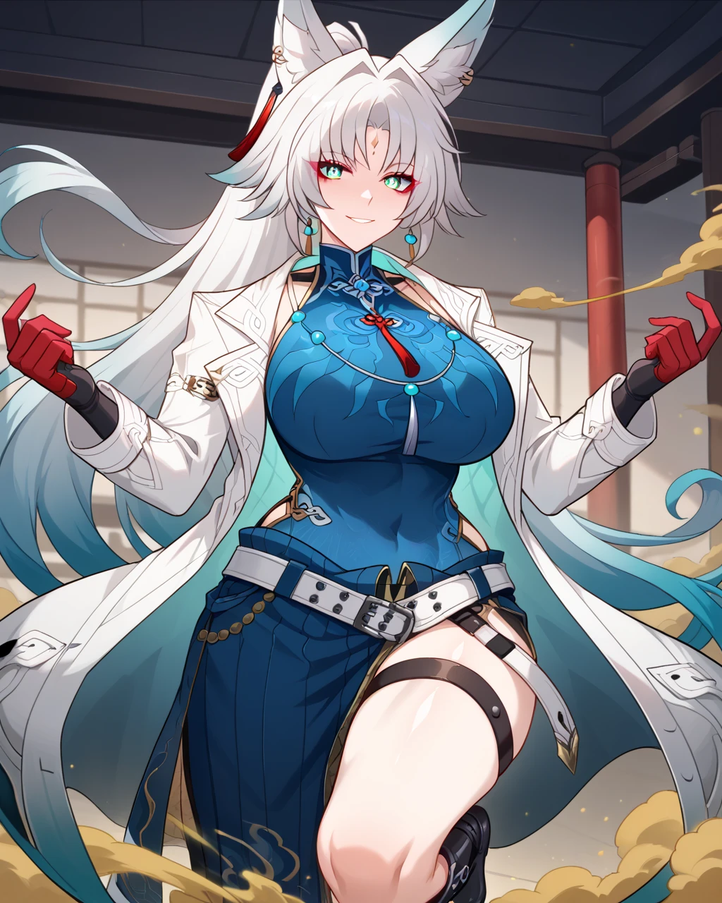 score_9, score_8_up, score_7_up, SH_HSR_Feixiao, Feixiao, 1girl, looking at viewer, red eyeliner, makeup, forehead mark, white hair, very long hair, gradient hair, blue hair tips, ponytail, aquamarine eyes, animal ears, white coat, open coat, long sleeves, belt, open clothes, huge breasts, dress, bangs, knee boots, thigh strap, parted bangs, black footwear, tassel, blue dress, tassel earrings, blue shirt, gloves, red fingers, chinese clothes, dojo, provocatively lewd pose, curvy body, wide hips, romance, expressive, firm butt, fit girl, sexual girl, seductive, perky , smirking, lewd pose, action angle, beautiful aesthetic, perspective, (nsfw:1.1), expressiveH, fighting pose with a dual swords,((velocIty)),Yellow smoke,Attacked by farts, ((girl stand)),velocIty,(Yellow smoke Is rIsIng) gIrl smells a fart and smIled frowned)),((fart whIle traInIng)),((blushIng)),(masterpIece:1.2、top-qualIty)