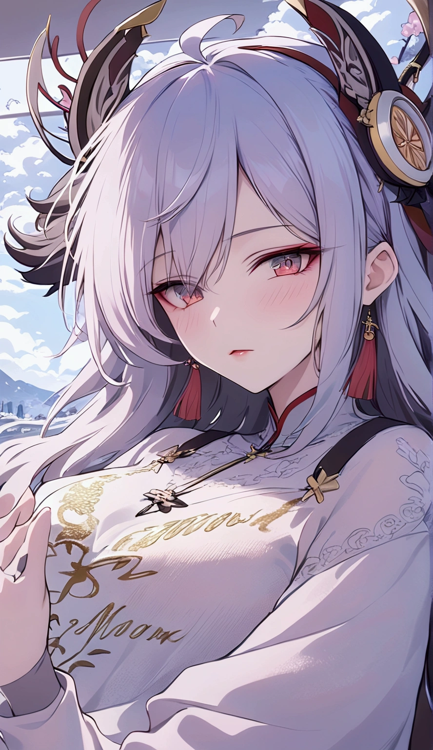 Anime girl with long white hair and red eyes wearing a red dress, Ayaka Genshin Impact, Attractive anime girl, White-haired deity, From the Azur Lane video game, Kushat Krenz Key Women in Art, Animated visual of a young woman, Azur Lane Characters, Ayaka Game Genshin Impact, Cute girl anime visual