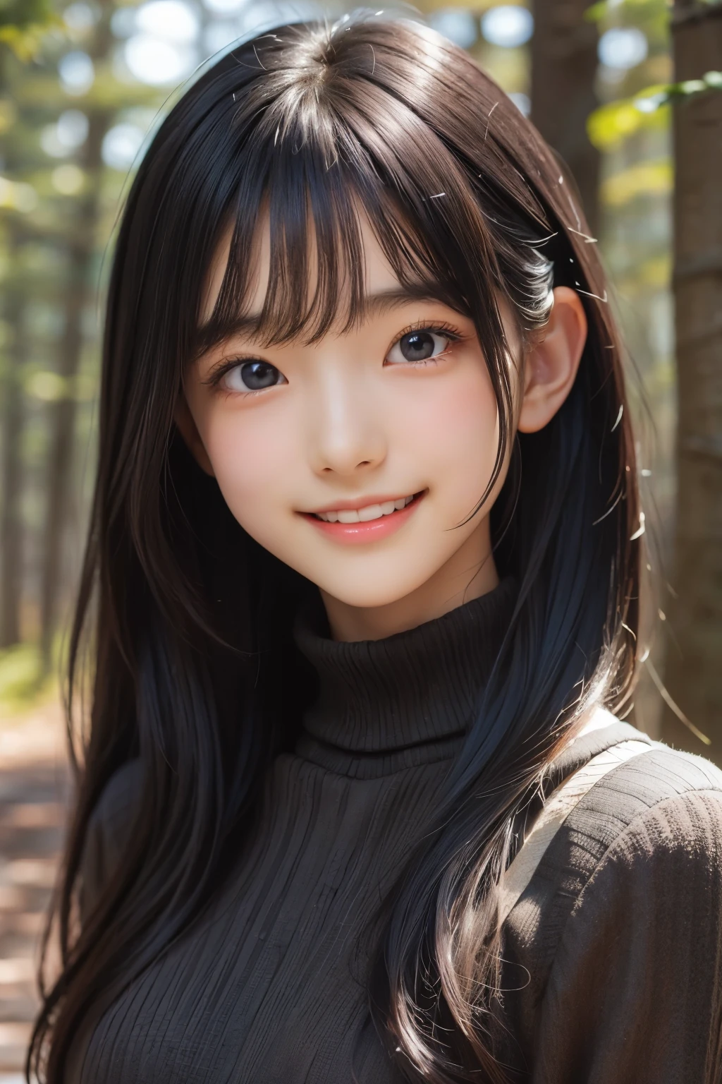(ultra Realistic) , (illustration), (Enhance resolution), (8k), ( Extremely Detailed), ( detailed face ), Black Straight Hair, Slim Body, in the dark , deep shadow, low profile, pureerosfaceace_v1, Happy smile, Winter, forest