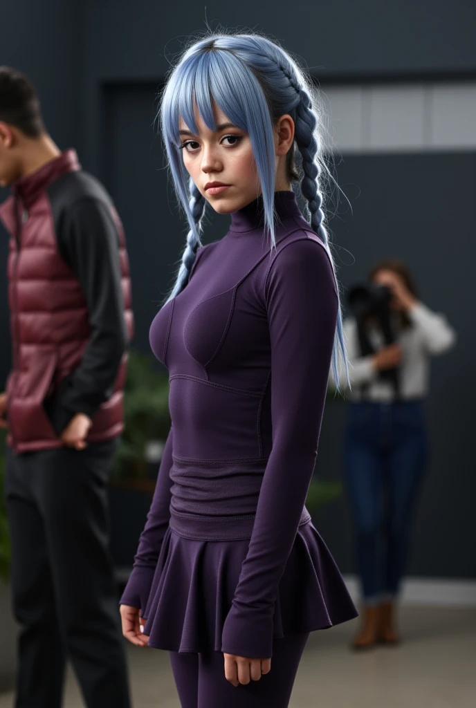 ((j3nnaort3ga:2)), cosplaying as Mei Mei from Jujutsu Kaisen, with light peach skin and small, sharp dark brown eyes, her long blue-tinted silver hair styled into two braids—one partially covering her face and the other falling behind her shoulders. She wears a detailed dark bodysuit with an attached skirt, pants, and boots, all in a matching dark shade (purplish in the anime). Her expression is calm and relaxed, embodying Mei Mei's cool demeanor and sharp, focused gaze. The setting is a professional studio, with subtle lighting that highlights her photorealistic features and the intricate details of her outfit. The background features a few blurred background characters, adding depth to the scene. Her WOW! Flux (Detail and Aesthetics) LORA enhances the realism, capturing every texture of her bodysuit and the subtle sheen of her hair. The camera focuses on her poised stance, emphasizing her confident posture and the elegance of her braids. Her makeup is subtle yet striking, with defined eyebrows and a natural lip color. This image celebrates Mei Mei's unique blend of calm intensity and sophisticated style, rendered with high detail and a lifelike, cinematic quality.