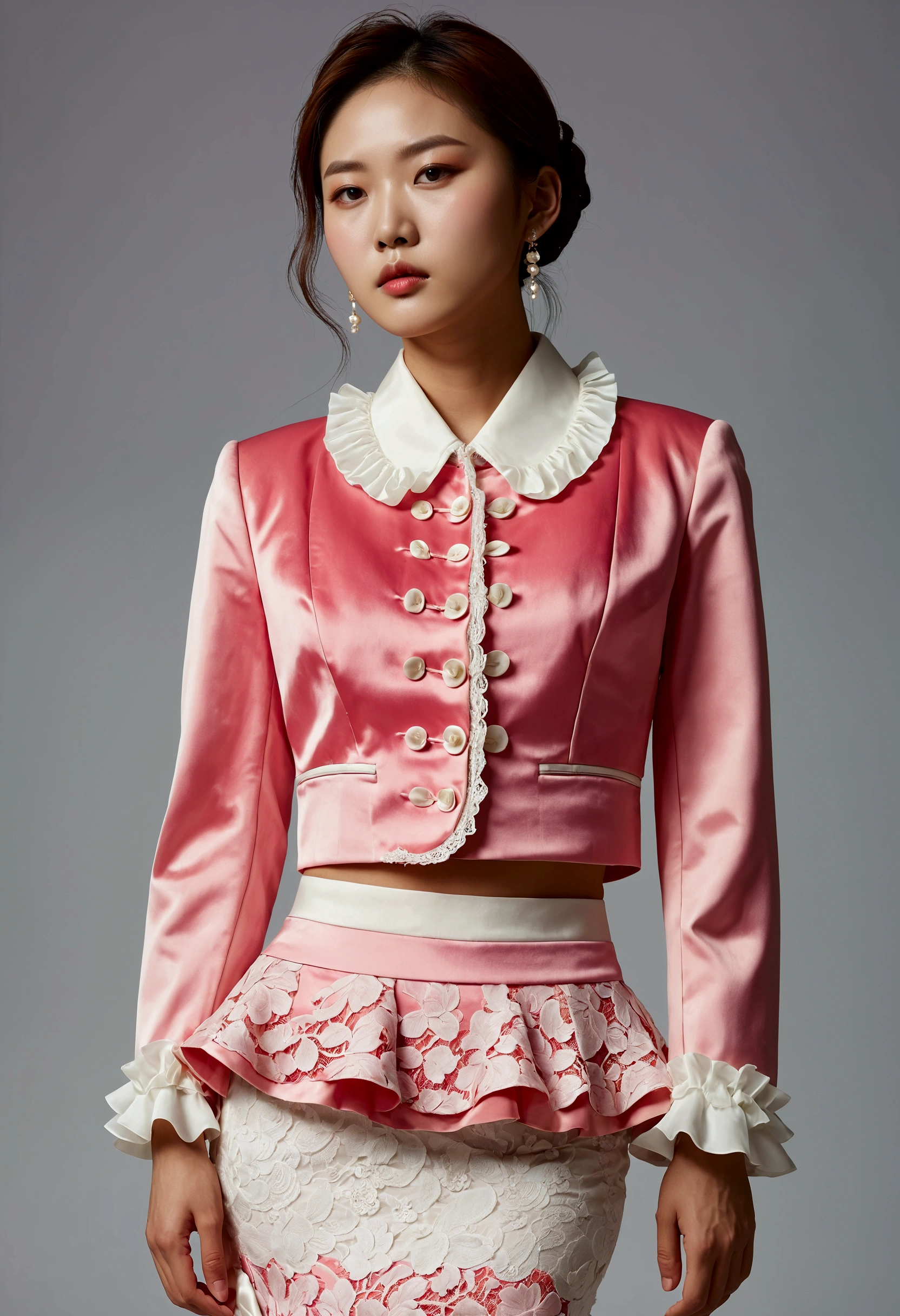  A Korean man is wearing a lady's skirt suit,  Beautiful Skirt Suit,  He's a female man ,  He has big breasts like a woman ,  His face is very masculine ,  His hair is masculine short ,  pink and white, Frills and Lace , Lady Dress , Two-piece, Cropped Jacket, small jacket , ROUND NECK JACKET ,  CHINAKARA JACKET, mermaid dress, Sitting upright