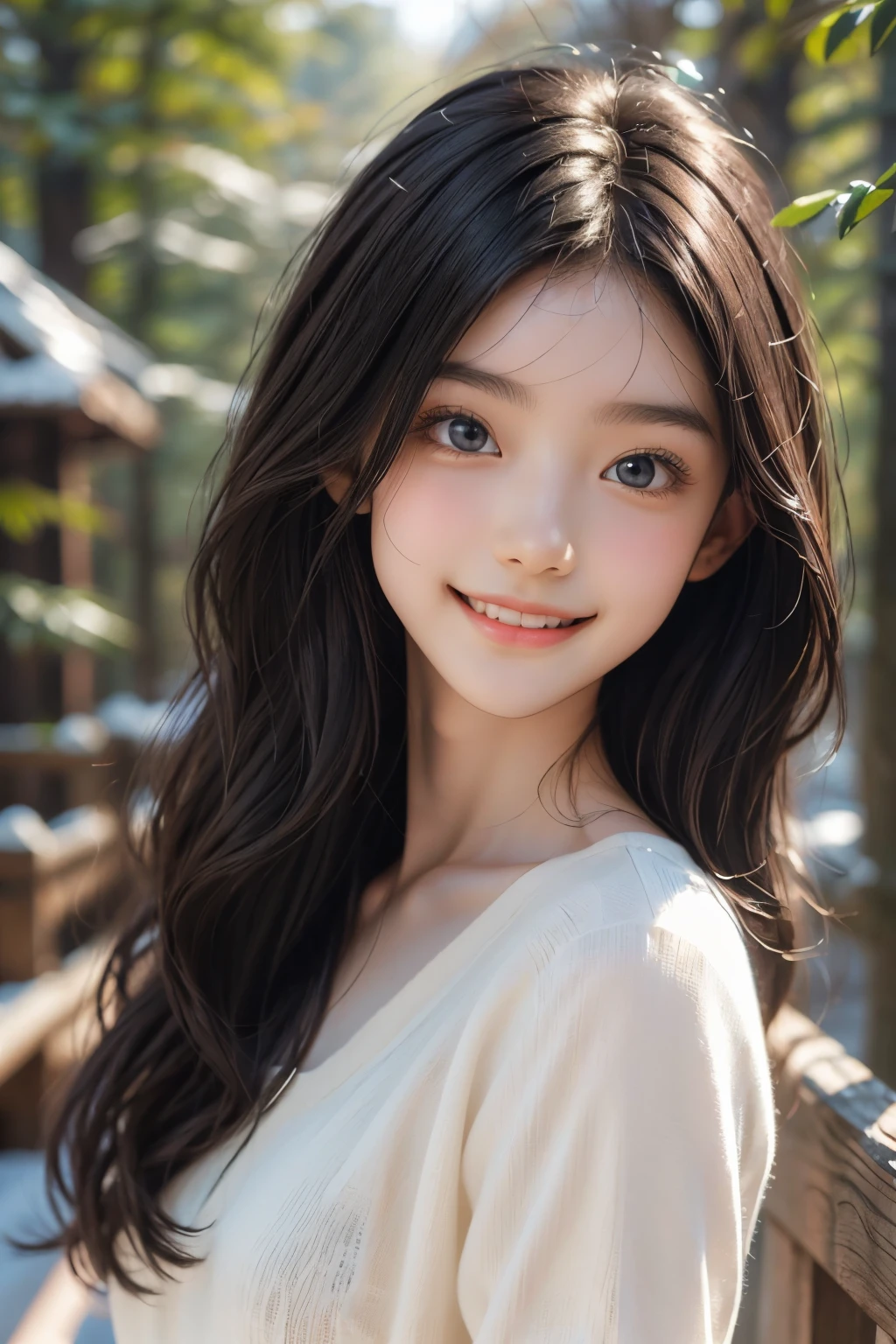 Black wavy hair big cleavage Japanese girl standing next to a tree with Cherries in her hand green leaves falling from the tree girl smiles 8k quality close up