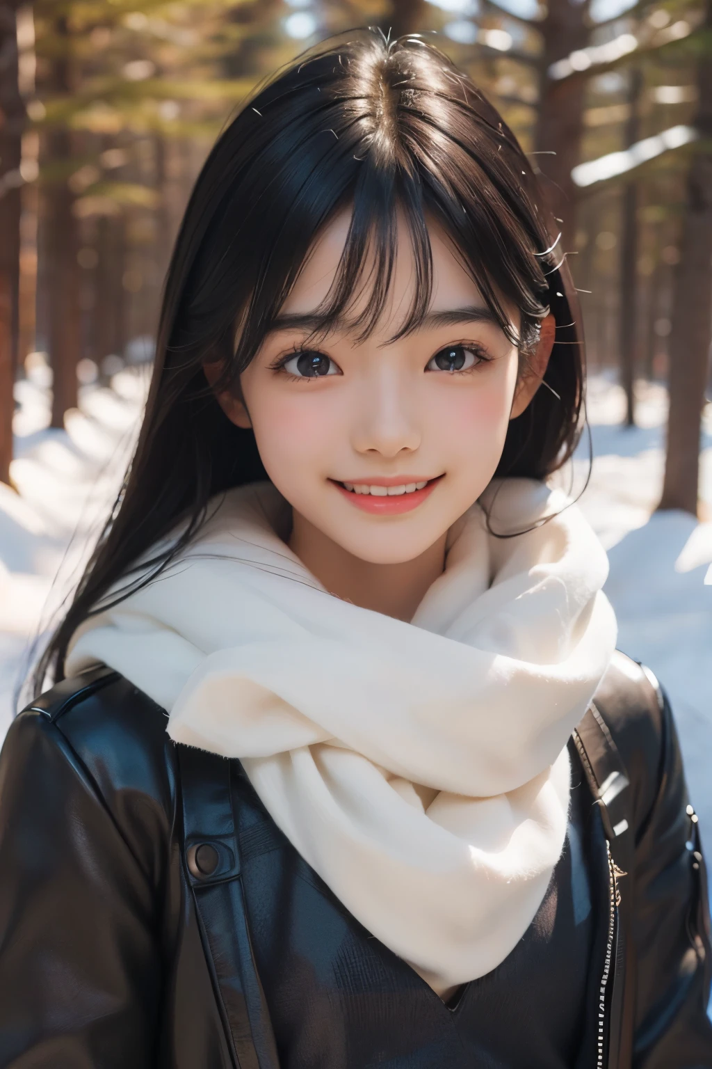 best qualtiy,8K quality,tmasterpiece,Extremely realistic graphics, Dynamic graphics, exteriors,the city street:snow cover((Winters,the soft light)), Canon photography:((Center composition,closeup cleavage,Background bokeh f1.4)),An 18-year-old girl,Smiling,long whitr hair ,Wear a hat on your head in winter,super adorable,:(Make a gesture of rubbing your hands),Winter clothing:(((Outdoor sweater with down jacket,)A sweater worn under a down jacket,((A scarf wrapped around his neck)),Wear skinny women's jeans),Charming eyes,Cute facial expressions:having fun,adolable(Laughing heartily,Happy look),