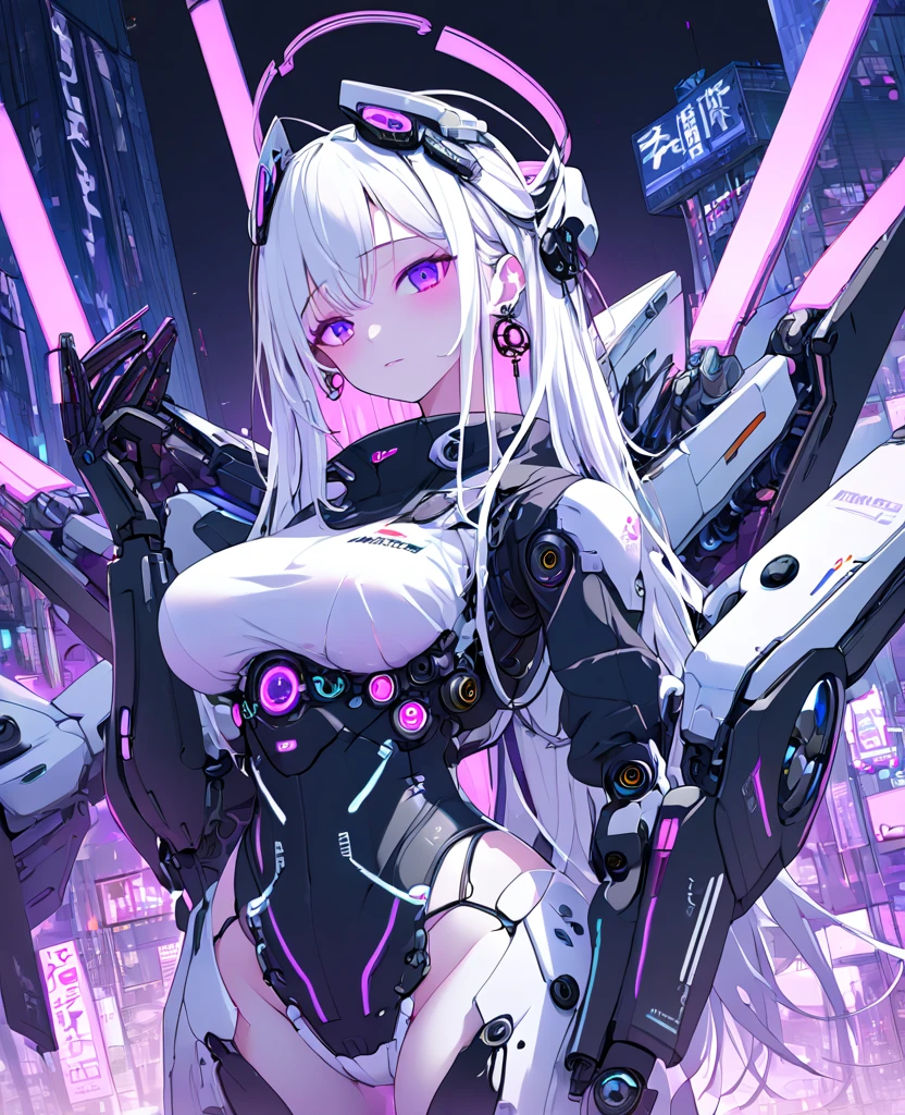 1 Girl, Solo, futuristic cyborg android, Colorful, purple Eyes, Cyberpunk, Mechanical Scrap Zone, Cityscape, Earrings, Long Messy White Hair, Mechanical Hat, Mechanical Body, Robotic Arm, Mecha, Robot girl, Mechanical Maiden, Neon Lights, Beautiful Lights, Character Focus, CG Illustration, 8k Resolution, Very Detailed, Anatomically Correct, Digital Painting, Concept Art, Clear Picture. Monochrome. Purple lights. Black lights.), Futanari, cock, condom, bath, penthouse.