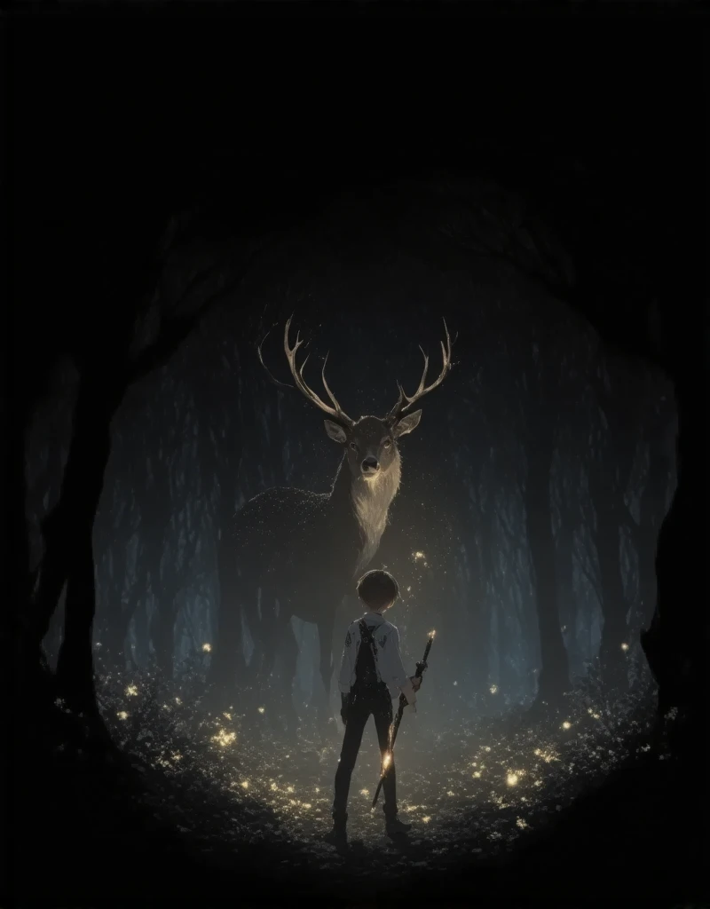 boy ,1boy, brown hair, fantasy theme, ultra detailed illustration, kawaii anime, ethereal atomosphere,,,,A young boy stands in a mystical forest, surrounded by glowing flowers and towering trees whose branches twist into impossible shapes. Perched beside him is a massive stag with golden antlers that shimmer with ethereal light. The boy holds a simple wooden staff glowing faintly at the tip, hinting at a hidden magical potential. Fireflies encircle them as the moonlight filters through the canopy, creating a serene and enchanting atmosphere