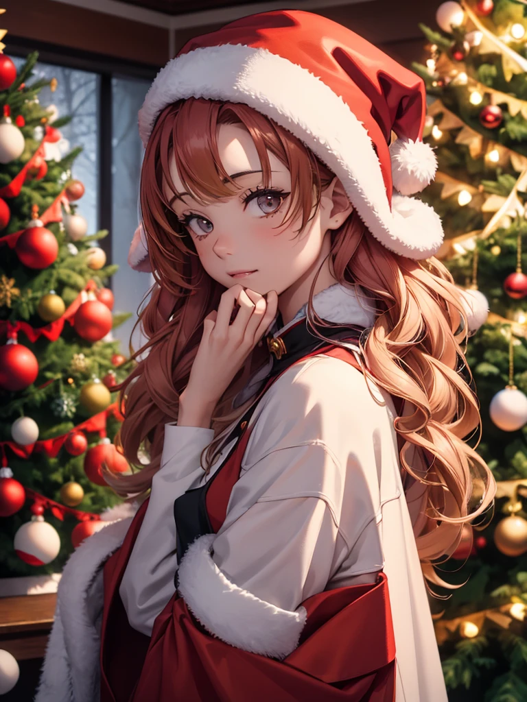 1woman, wearing a Christmas outfit with a red Christmas hat and jacket, near a indoor Christmas tree, Christmas winter season, Mitsuri's hair, 8k, high detailed, high quality, high accuracy