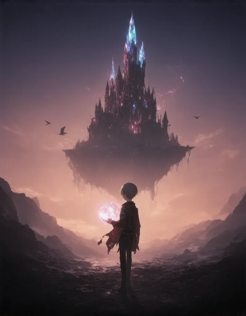 boy ,1boy, brown hair, fantasy theme, ultra detailed illustration, kawaii anime, ethereal atomosphere,,,,sunny, bright image, A young boy with wind-tousled hair stands at the edge of a floating island, gazing up at a colossal castle suspended in the sky by glowing crystals. His tattered cloak flutters in the breeze as he holds a magical artifact, a glowing orb clutched tightly in his hands. Around him, small, dragon-like creatures fly in playful spirals, and the sky is painted in shades of orange and pink, signaling a momentous journey ahead