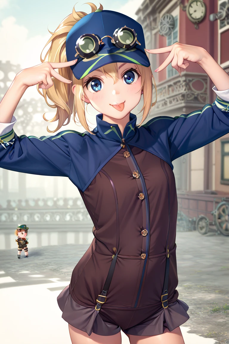 (best quality),(high resolution),(aihoshinopose, double v, tongue out),(Steampunk Background),(steampunk_costume),(Heroine XX,Blonde Hair,blue eyes),(big brests,tiny body,**ddler body type,***ite frame,***************)