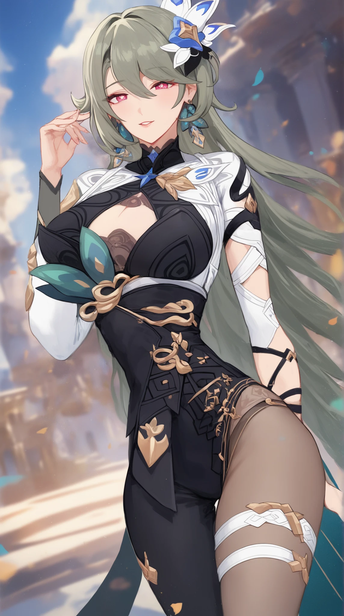 (masterpiece, best quality:1.2), highres, absurdres, high quality, very asthetic, fine and intricate details,
1girl, tall female, mature female, vita \(honkai impact\),
hair ornament, long hair,  dark-green hair, grey hair, hair between eyes, hair flower, bangs
red eyes, pink eyes, symbol-shaped pupils, yellow pupils,  looking at viewer, teasing, half-closed eyes,
jewelry, earrings,
large breasts,  narrow waist, thighs.  wide hips,
center opening,
black dress, white sleeves,  gold pattern, gold trim, frills,
asymmetrical legwear, asymmetrical pants, tight pants, one leg covered, 
flower,
feet out of frame,
standing, dutch angle, hand up, 
scenery, outdoors, 
