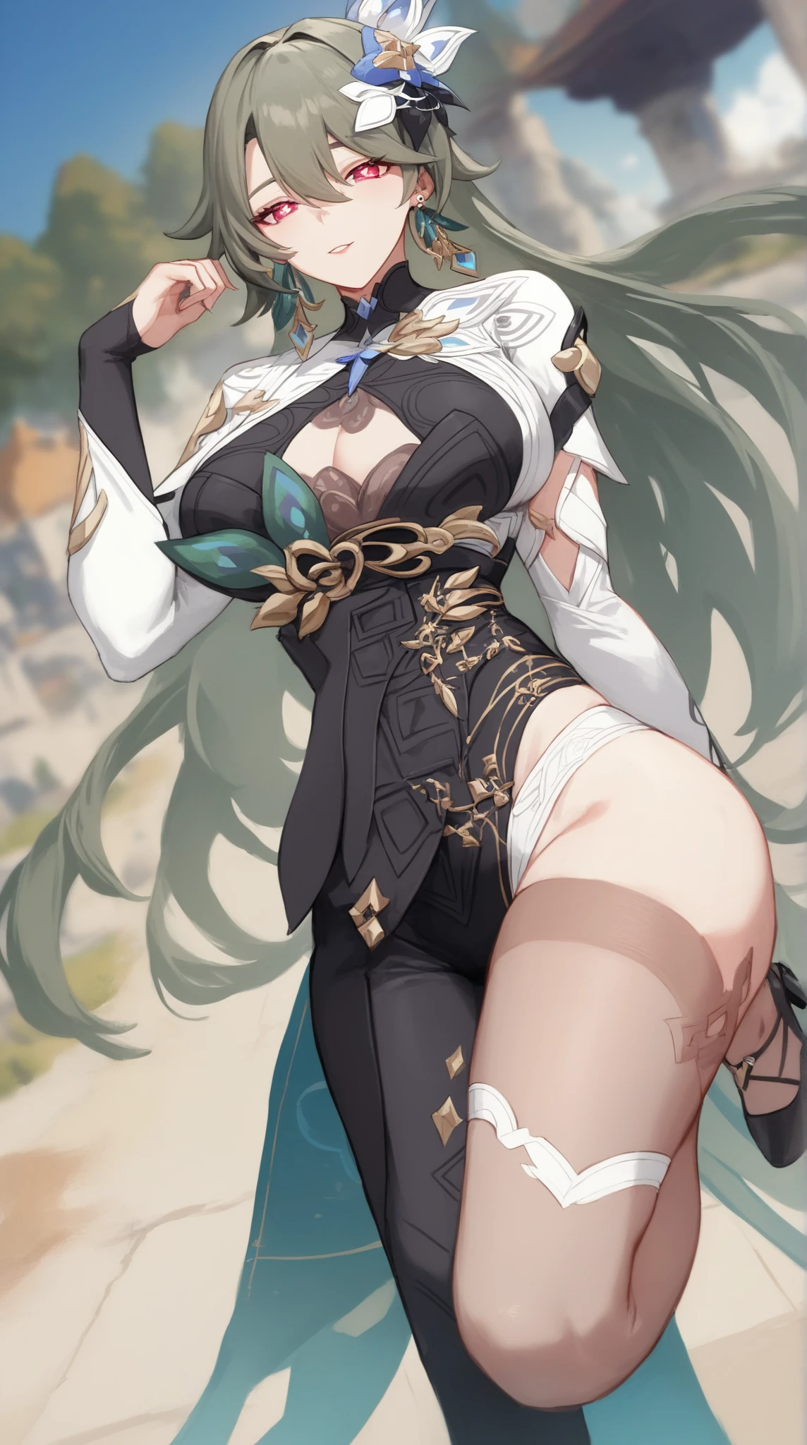 (masterpiece, best quality:1.2), highres, absurdres, high quality, very asthetic, fine and intricate details,
1girl, tall female, mature female, vita \(honkai impact\),
hair ornament, long hair,  dark-green hair, grey hair, hair between eyes, hair flower, bangs
red eyes, pink eyes, symbol-shaped pupils, yellow pupils,  looking at viewer, teasing, half-closed eyes,
jewelry, earrings,
large breasts,  narrow waist, thighs.  wide hips,
center opening,
black dress, white sleeves,  gold pattern, gold trim, frills,
asymmetrical legwear, asymmetrical pants, tight pants, one leg covered, 
flower,
feet out of frame,
standing, dutch angle, hand up, 
scenery, outdoors, 
