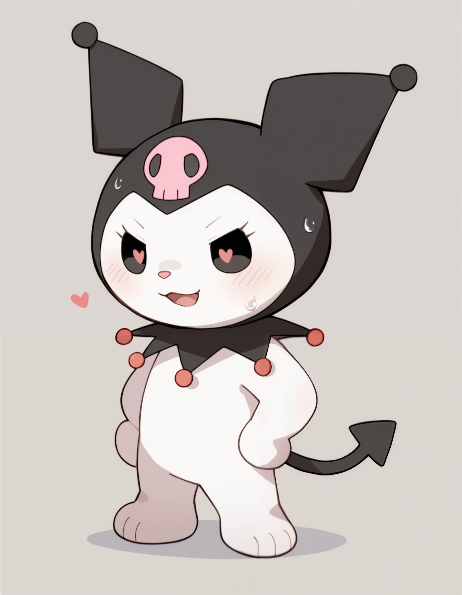 Score_9, score_8, score_7, rating_safe, badwingm, kuromi, feral, jester cap, dot eyes, skull print, tail, black eyes, chibi,, hi_res , <3 ,<3_eyes ,anthro ,,white_body ,white_fur, young, sweat,  