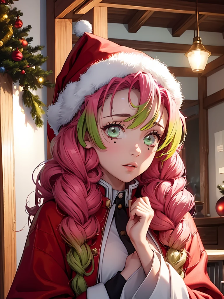 1woman, wearing a Christmas outfit with a red Christmas hat and jacket, near a indoor Christmas tree, Christmas winter season, pink colour Mitsuri's hair style, 8k, high detailed, high quality, high accuracy