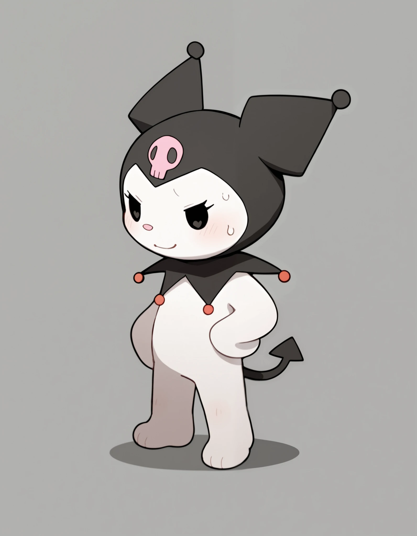 Score_9, score_8, score_7, rating_safe, badwingm, kuromi, feral, jester cap, dot eyes, skull print, tail, black eyes, chibi,, hi_res , <3 ,<3_eyes ,anthro ,,white_body ,white_fur, young, sweat,