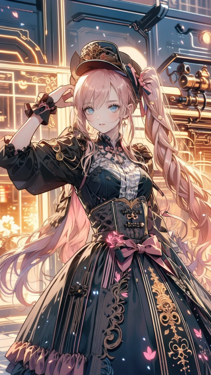  steampunk/ steampunk/ Steampunk 　、 woman, 22,  She has olive green eyes and long blond hair braided over her shoulders., Tied with ribbon and heart, Pale pink scrunchie, Red Clip. Her hair is light in color、This is getting very long.,  worn with twin tails tied with deep pink ribbons and red hearts .  Steampunk の世界,活気あるSteam Cityを特徴とする Steampunk の世界, Vintage Railroad ,  This scene captures a steam locomotive journey ,  Creates a vibrant atmosphere full of adventure and innovation .、Steam City,
