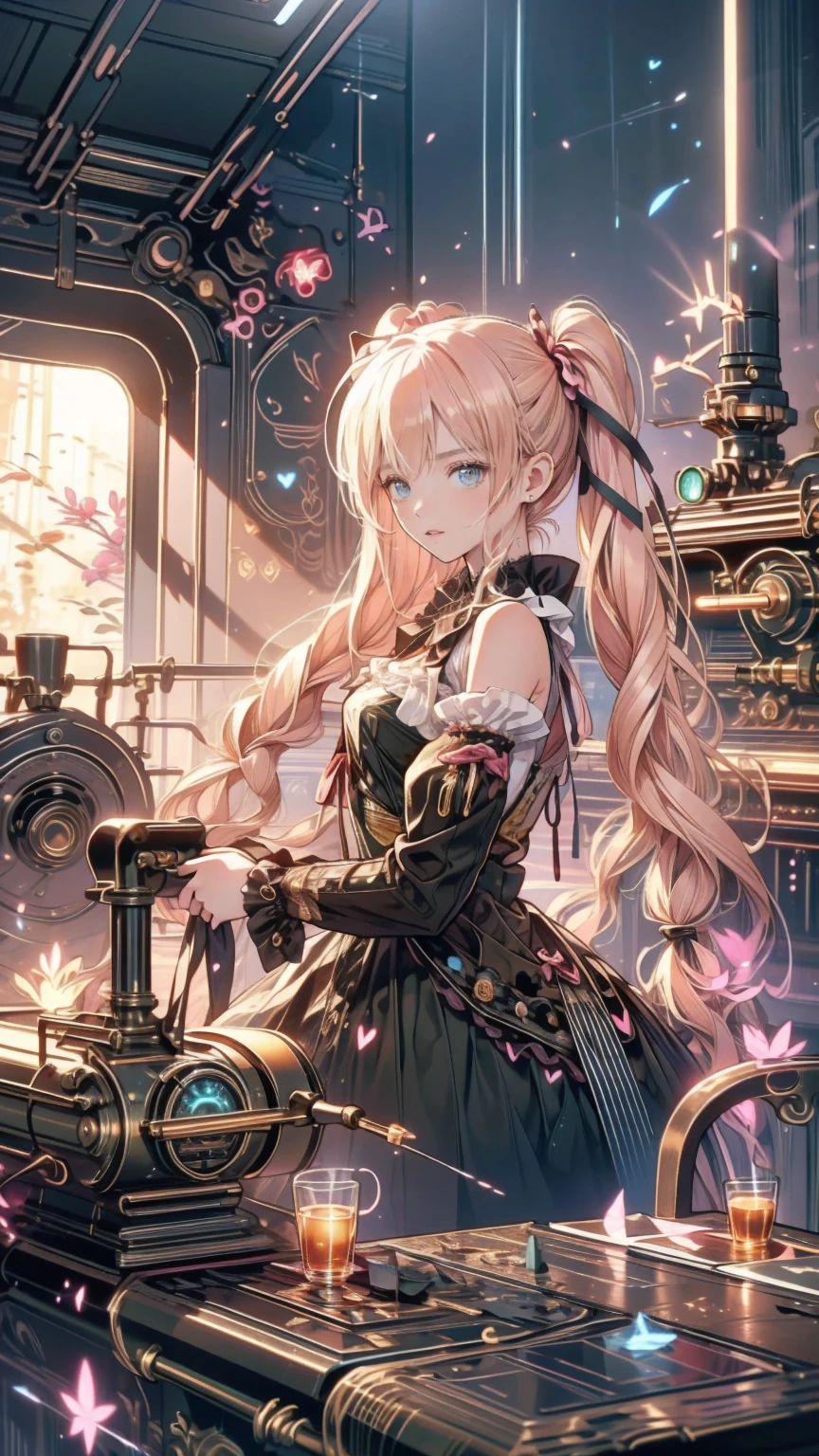  steampunk/ steampunk/ Steampunk 　、 woman, 22,  She has olive green eyes and long blond hair braided over her shoulders., Tied with ribbon and heart, Pale pink scrunchie, Red Clip. Her hair is light in color、This is getting very long.,  worn with twin tails tied with deep pink ribbons and red hearts .  Steampunk の世界,活気あるSteam Cityを特徴とする Steampunk の世界, Vintage Railroad ,  This scene captures a steam locomotive journey ,  Creates a vibrant atmosphere full of adventure and innovation .、Steam City,
